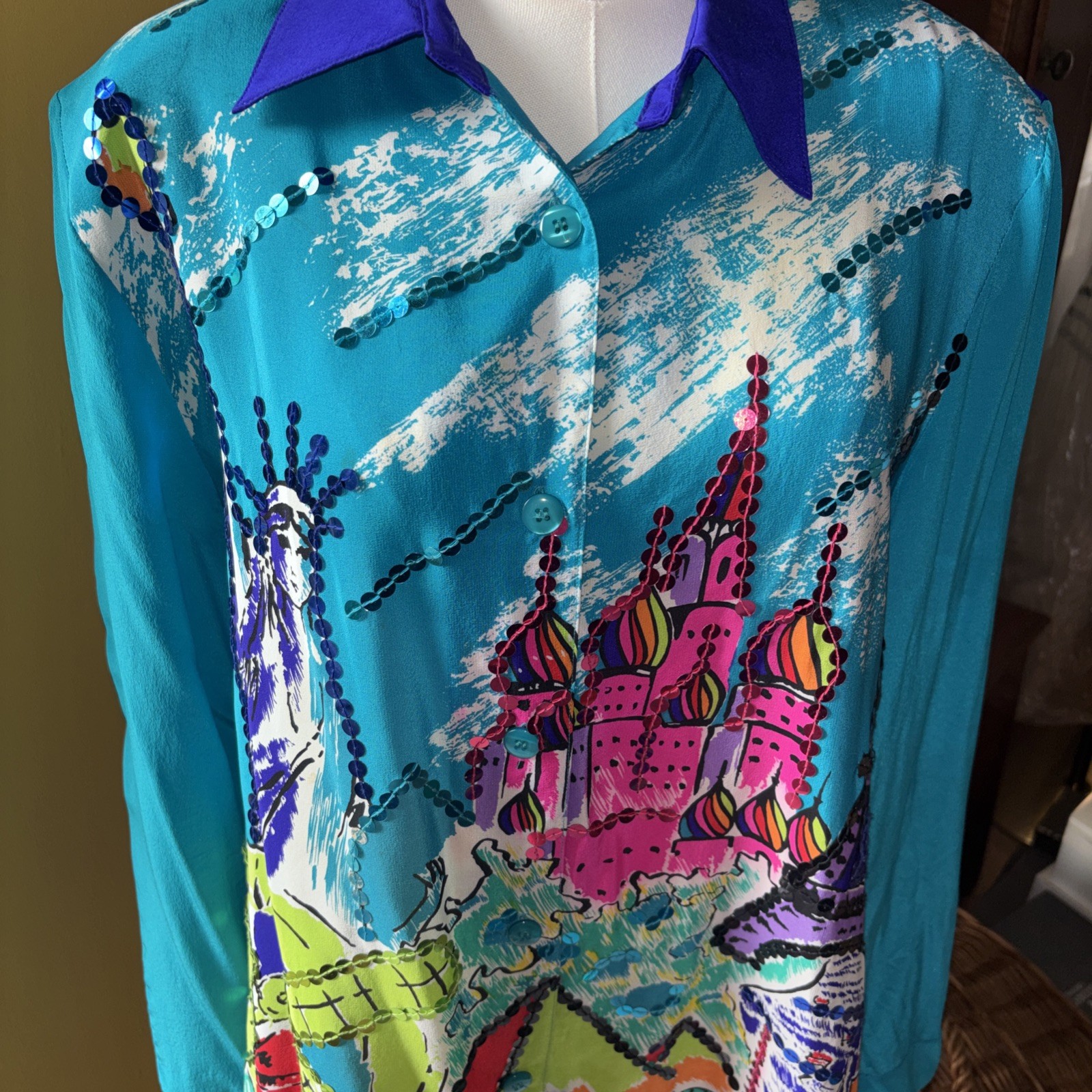 Diane Gilman Women’s Blouse Size Large Silk Sequin Vintage Designer Bling Retro