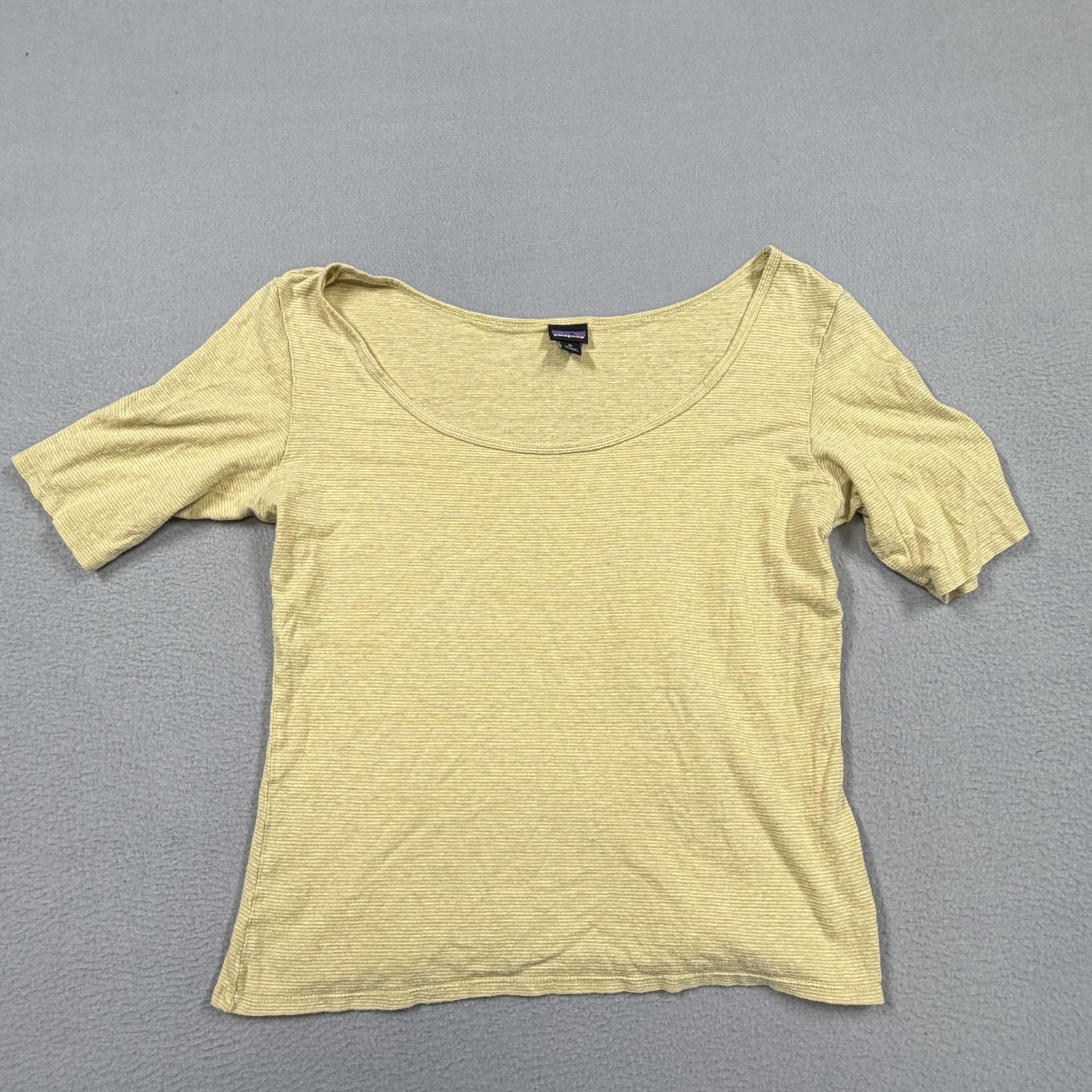 Patagonia Top Womens M Yellow Stripe Scoop Neck Hemp Organic Cotton Tee Summer