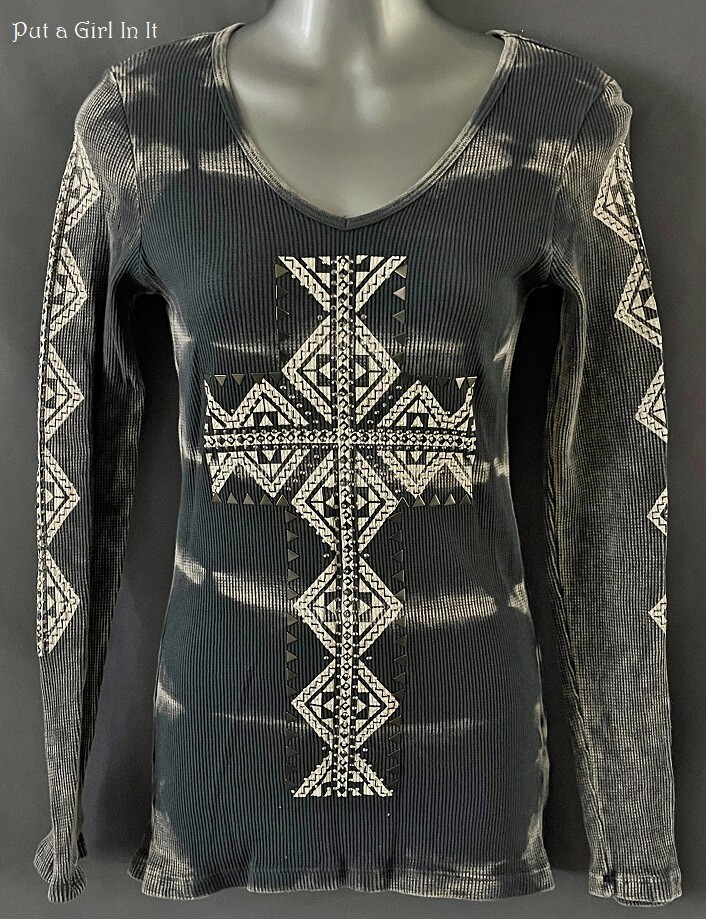 New VOCAL Womens EMBELLISHED STONE MINERAL DYED CHARCOAL AZTEC SHIRT S M L XL