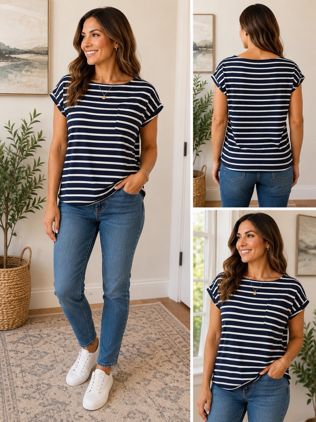 LOFT Women’s M Navy/White Striped Boat Neck Ruched Side 100% Cotton Tee NWT