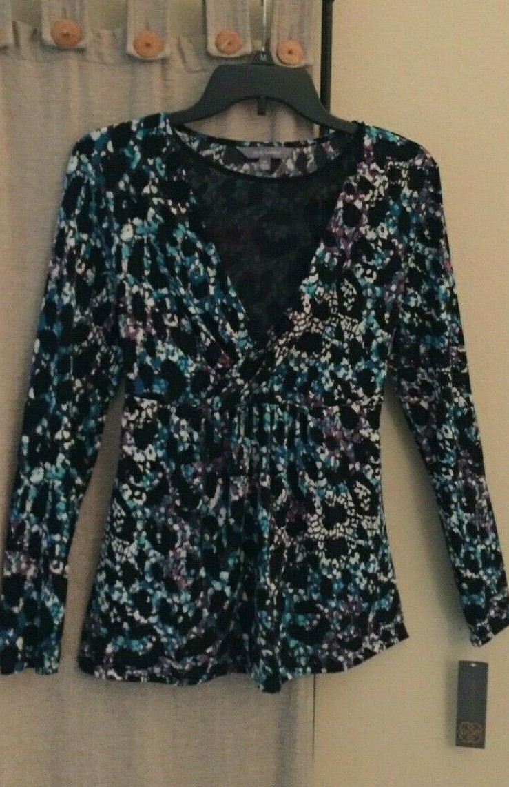M Medium 8 10 Shirt blouse Daisy Fuentes long sleeve black white blue purple new