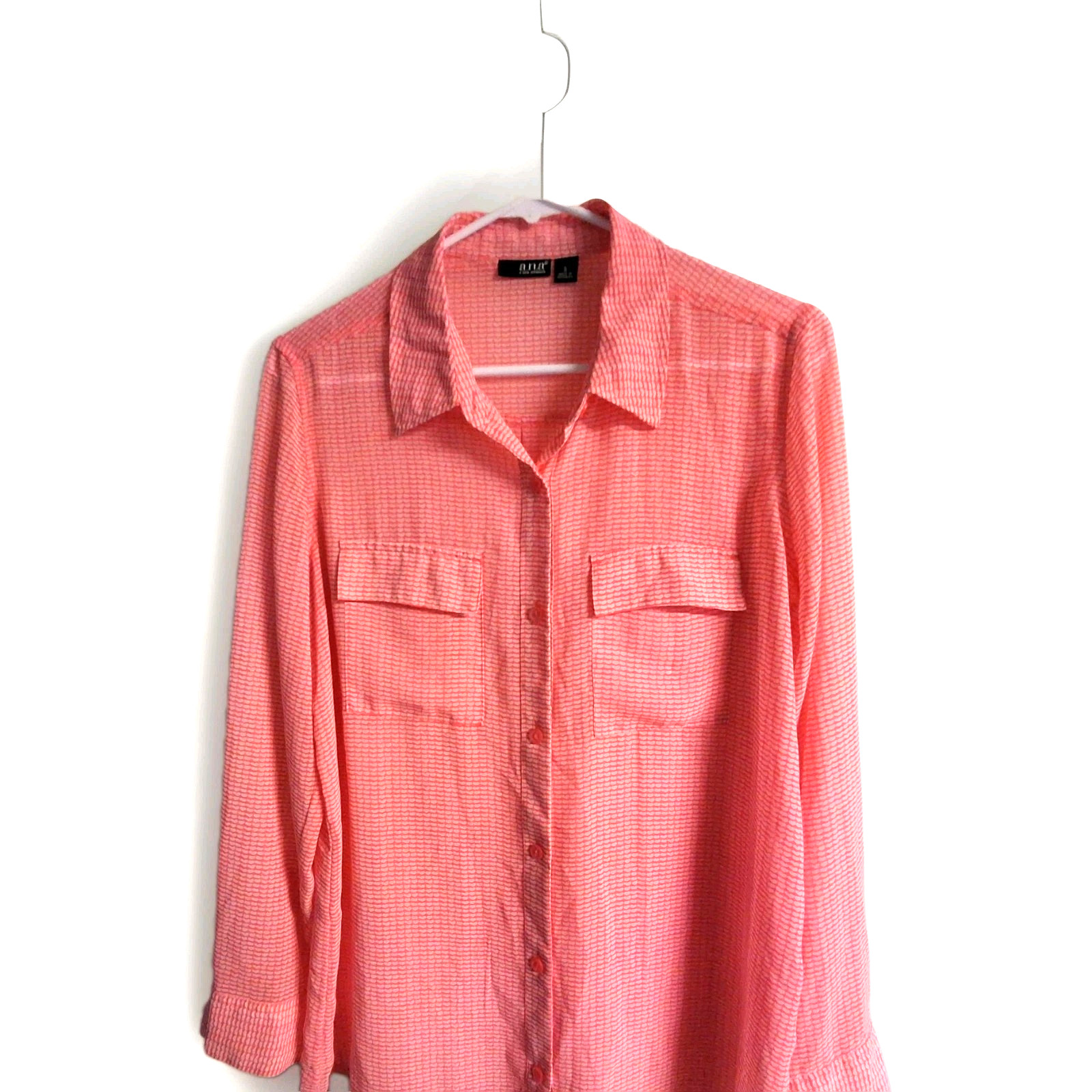 A.N.A. WOMANS L Orange sheer chiffon button down long sleeve COLLAR BLOUSE Sz S