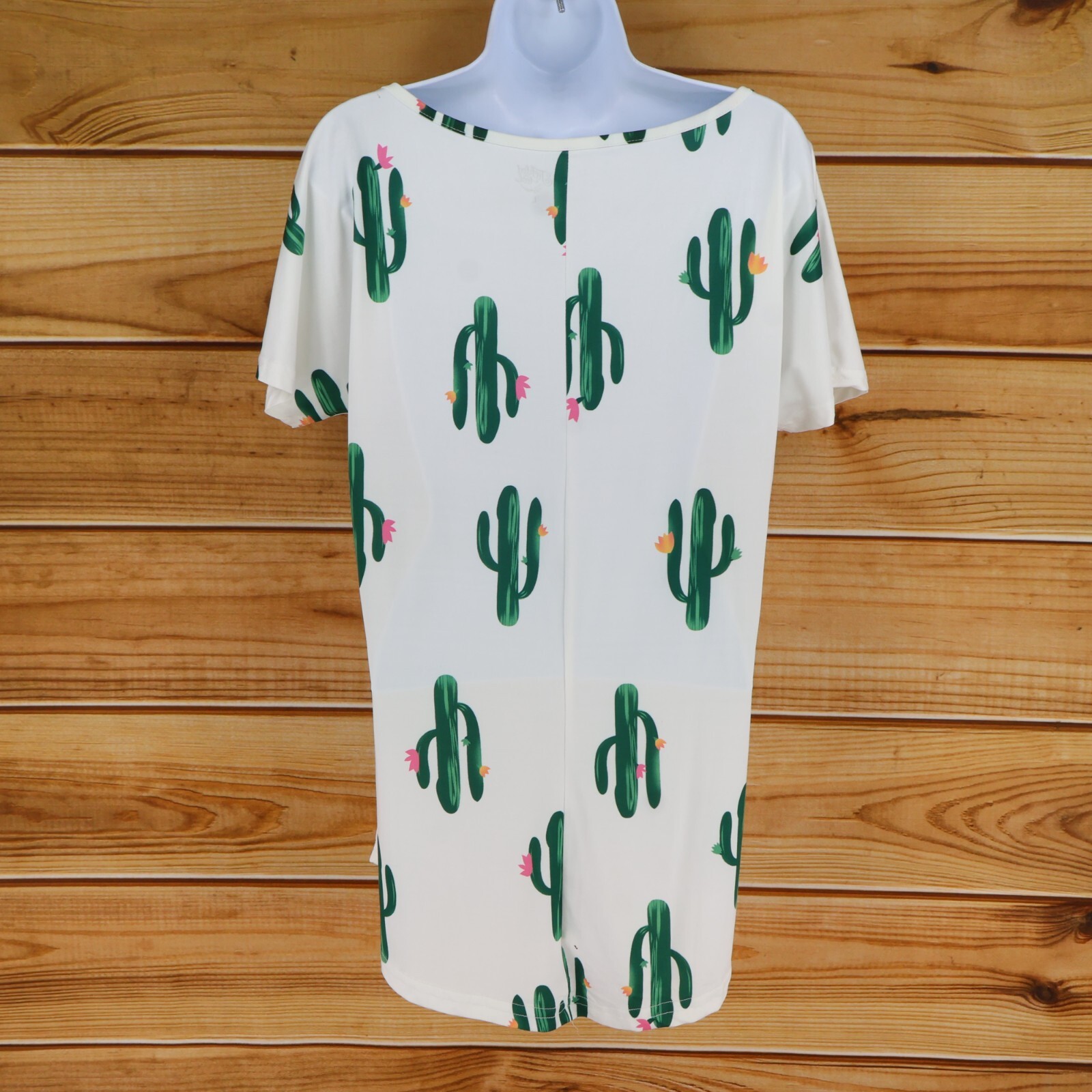 Tickled Teal Short Sleeve Shirt Womens Size L White Cactus Stretch V-Neck Soft