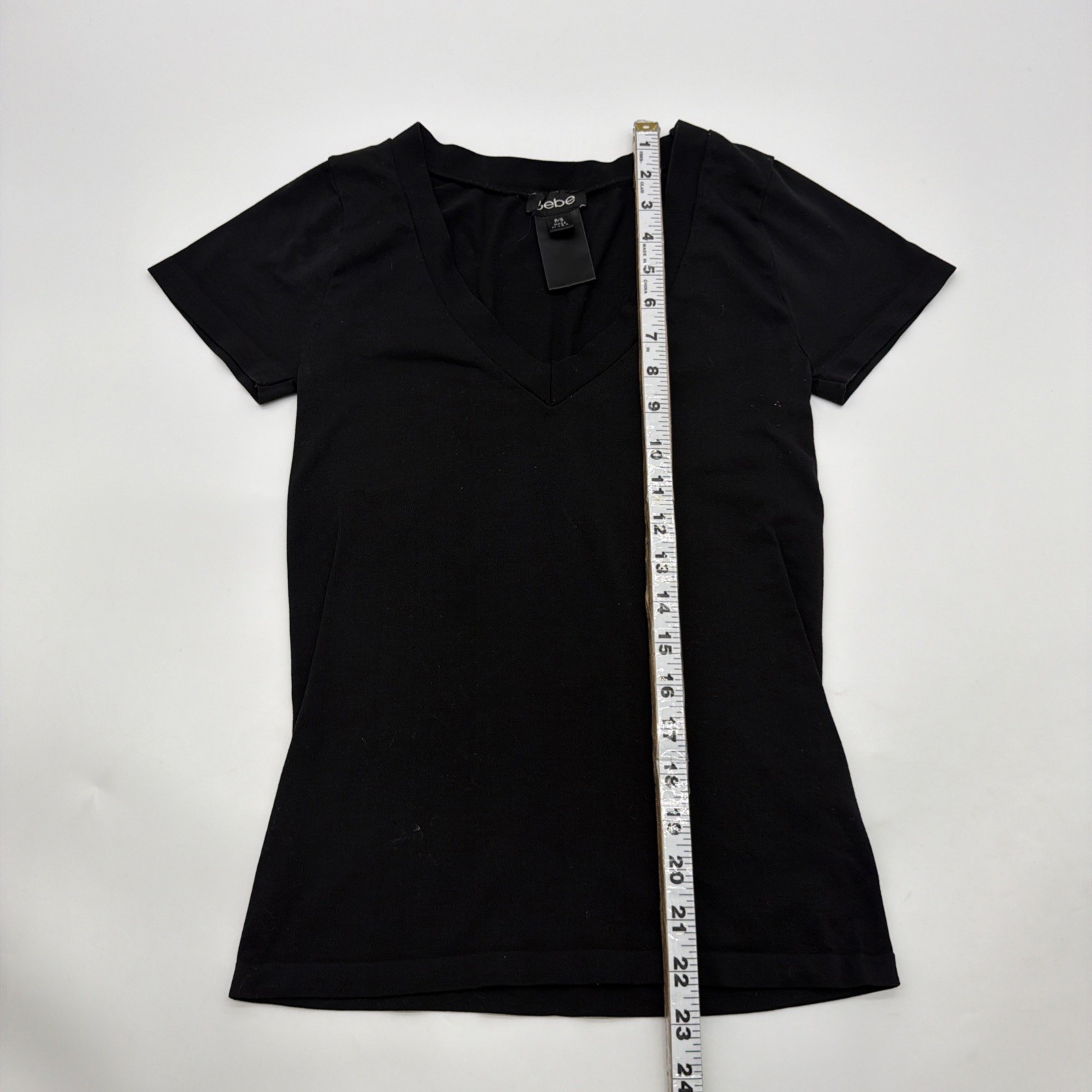 Bebe T-shirt Women P/S Black Solid V-Neck In USA.#45308