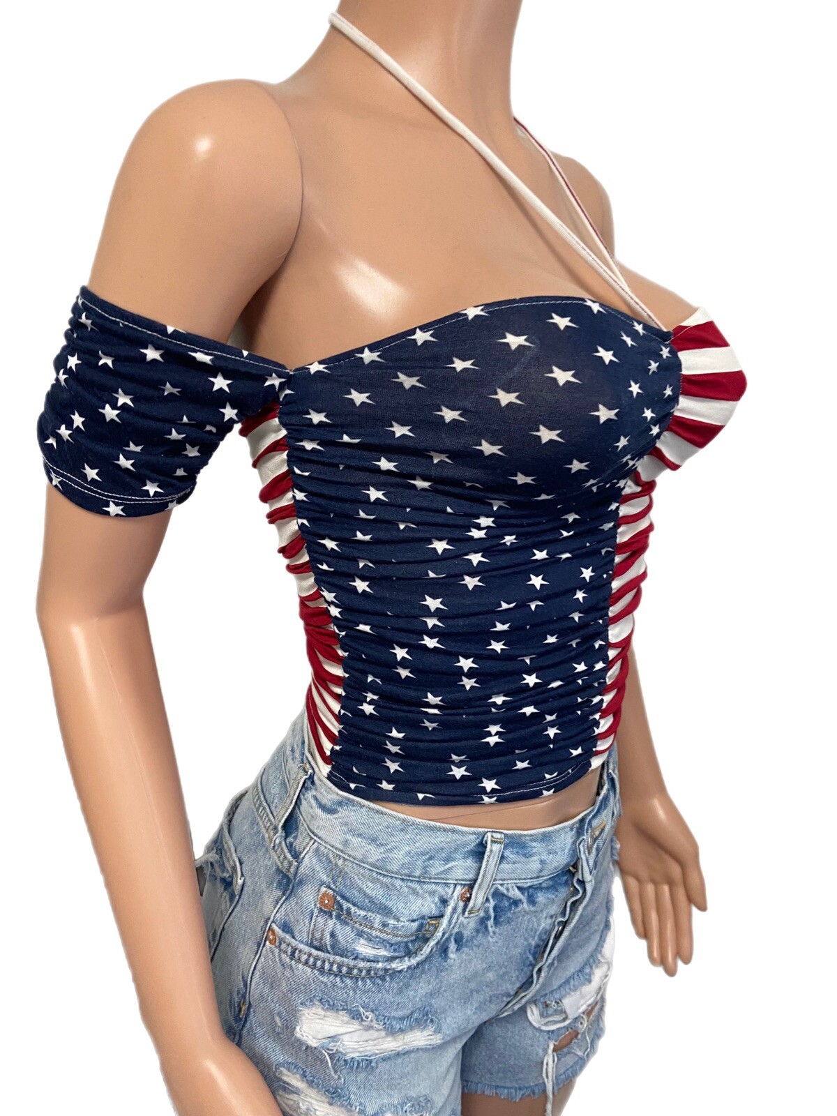 Stars Stripes American Flag USA Red White Blue Crop Top Patriotic Rave Festival