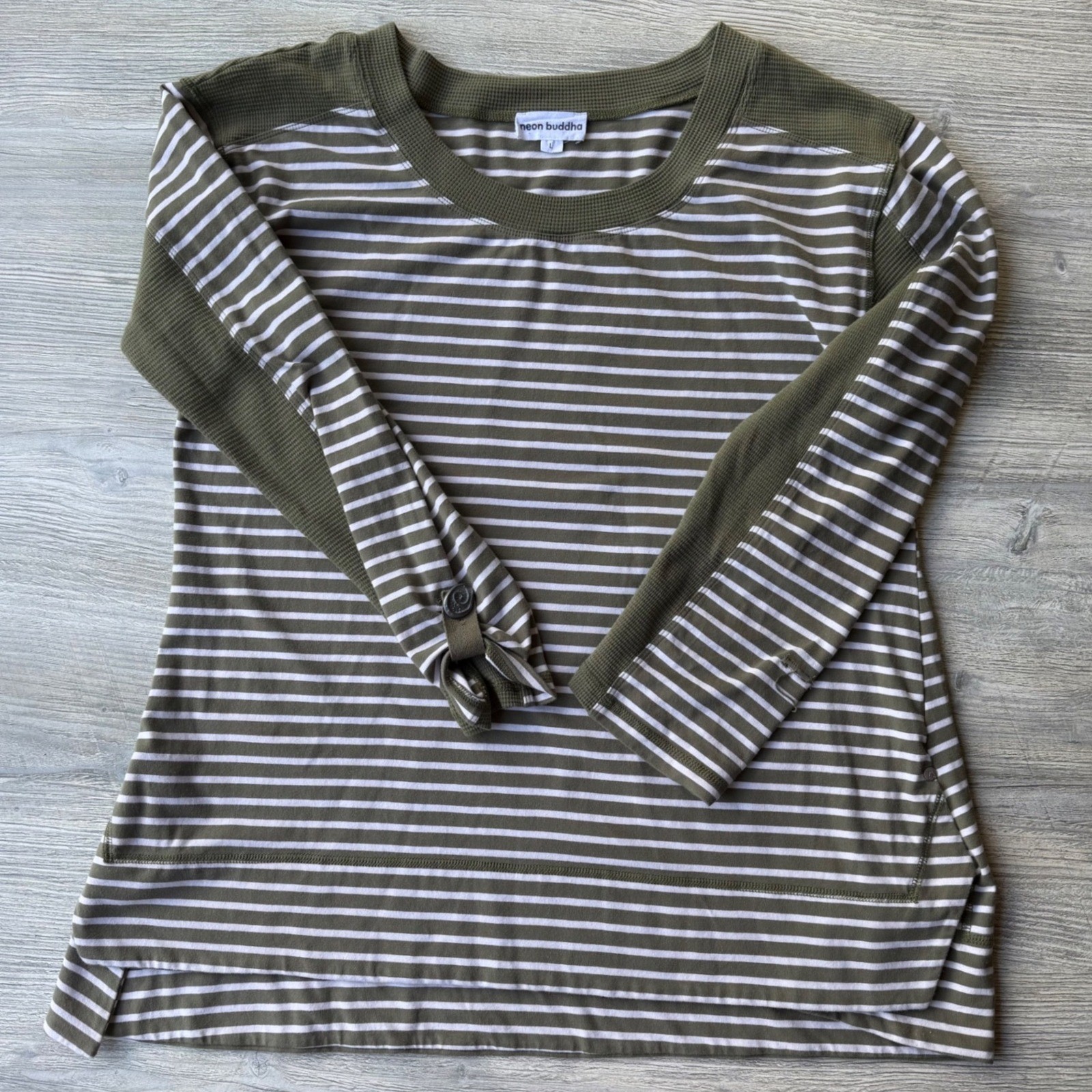 Neon Buddha Striped Cotton Top Olive Green Waffle Knit Sleeve L Gorpcore Granny