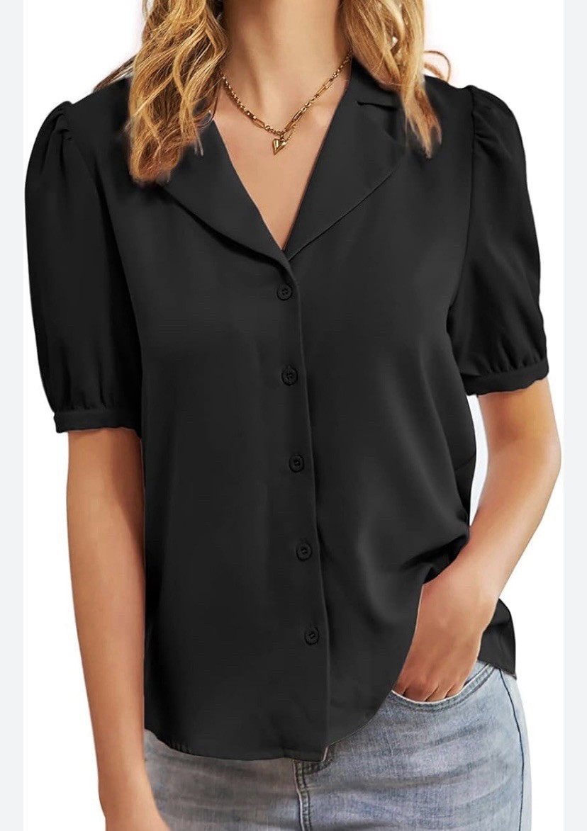 GRACE KARIN Women’s Satin Silk Blouse Top S/S Lapel V Neck, Black, Large NWOT