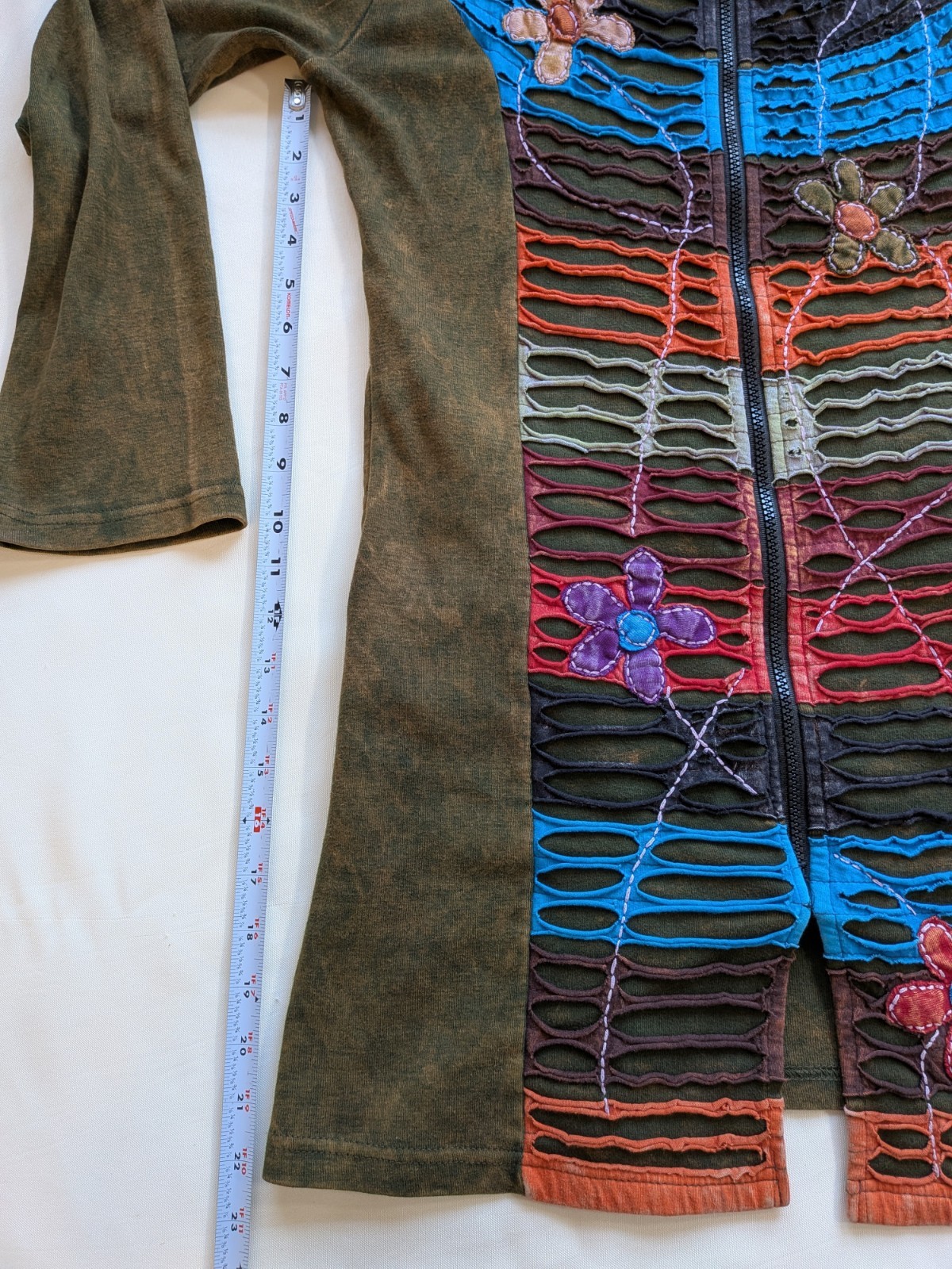 Embroidered Long Hoodie Green Floral Zip Nepal Boho Grunge Artsy Size L *Flaw