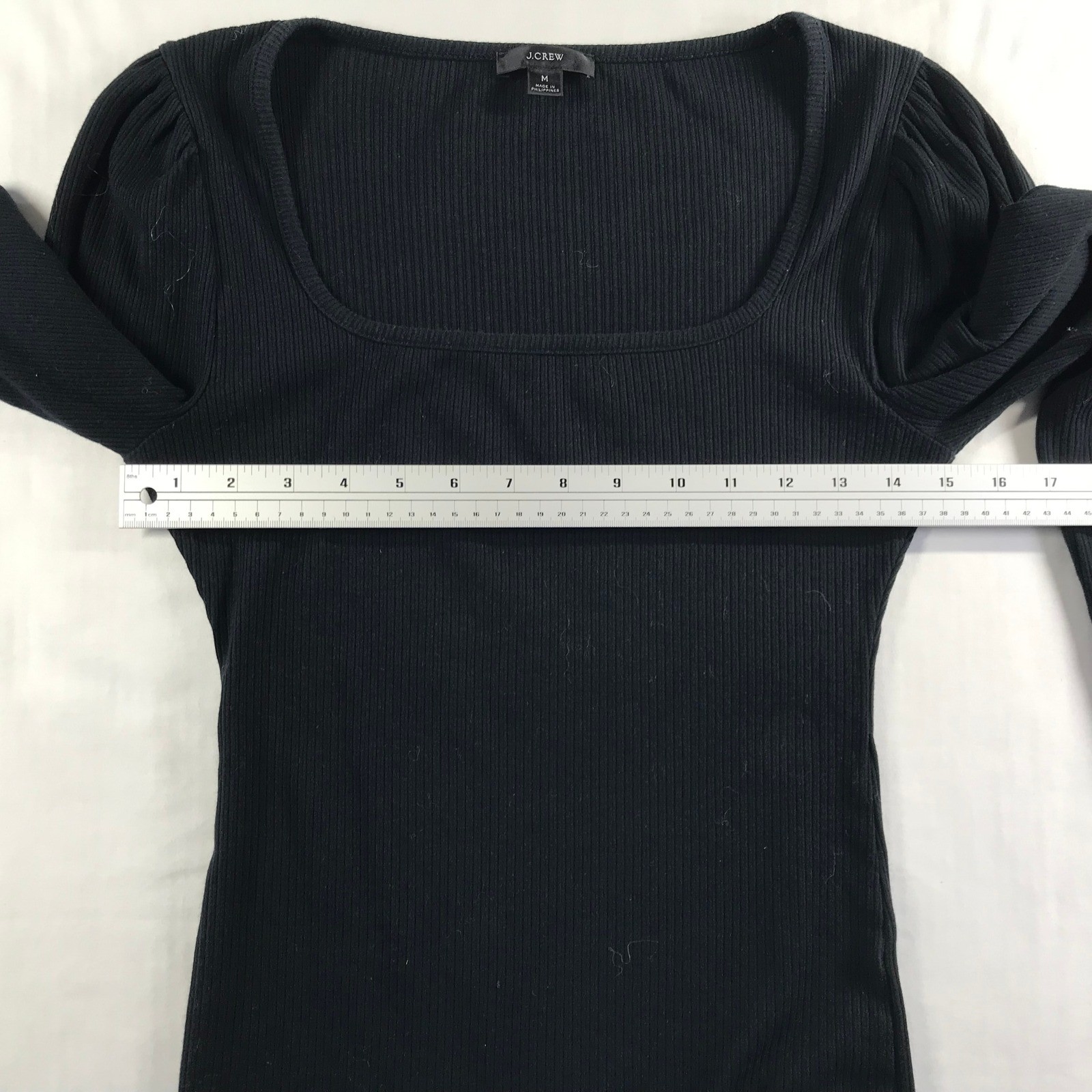 J.Crew Womens Black Ribbed Square Neck Puff Shoulder Long Sleeve Top Size M