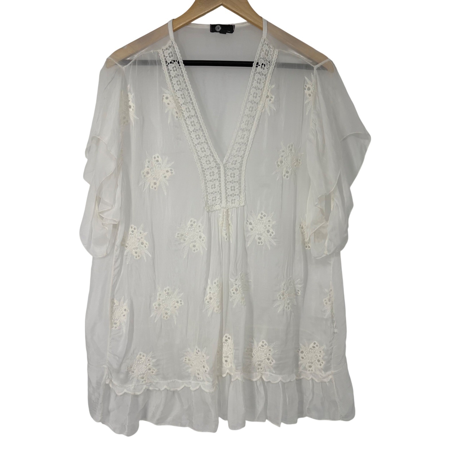 M Made in Italy Silk Embroidered Crochet Lace Tunic Top L Ethereal Romantic