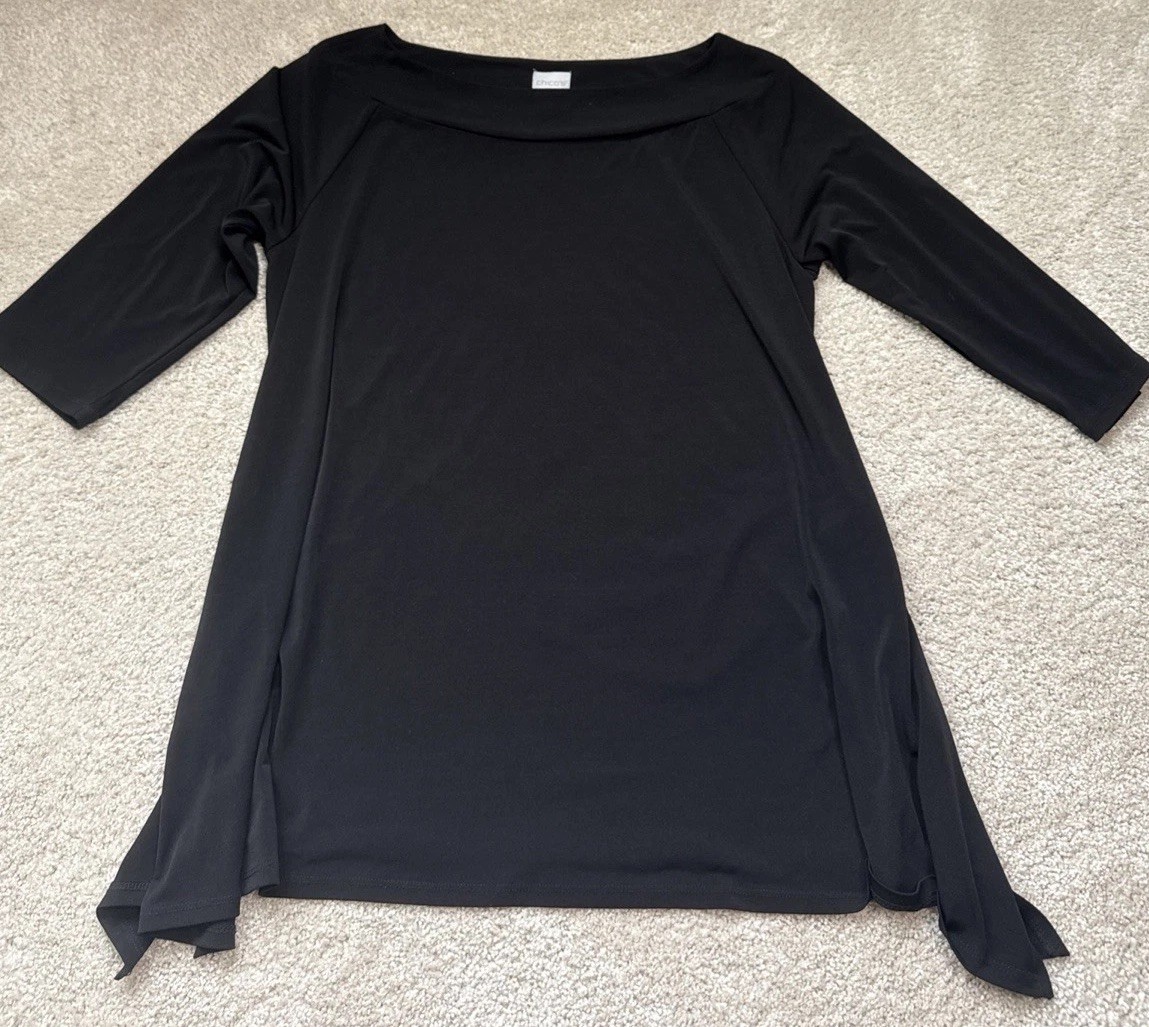 Chicos Women’s Renaissance Black Portrait Neck Tunic Top Style Large