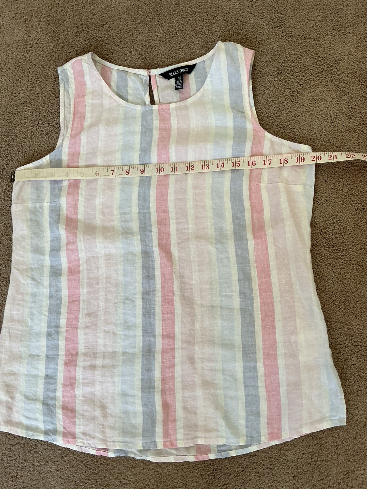 Ellen Tracy Women’s M Blue/Pink/White Stripe 100% Linen Sleeveless Blouse