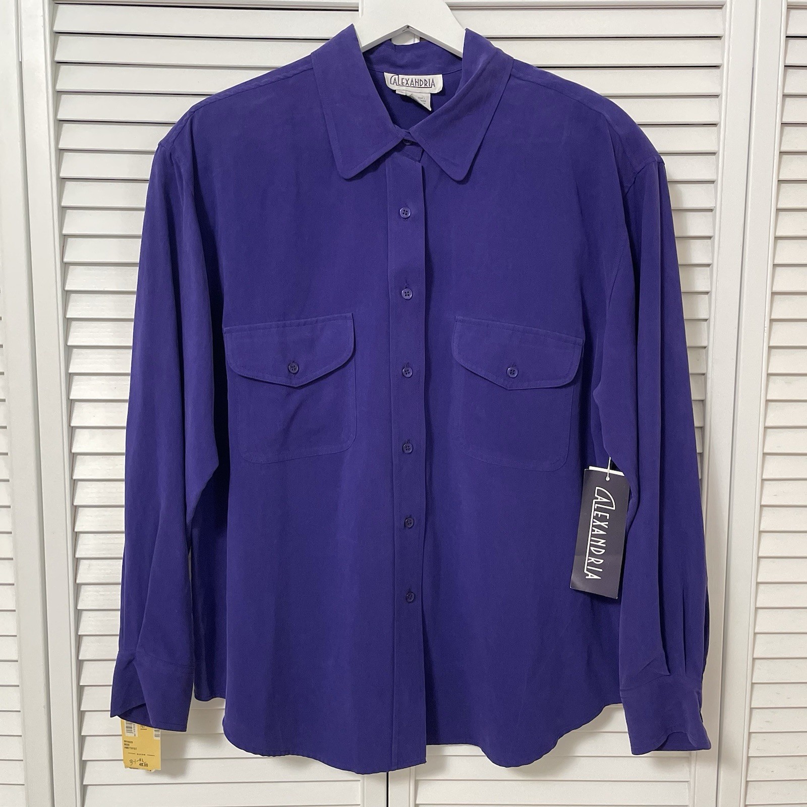 NWT Vintage Alexandria XL 100% Silk Button Up Blouse Shirt Purple Deadstock