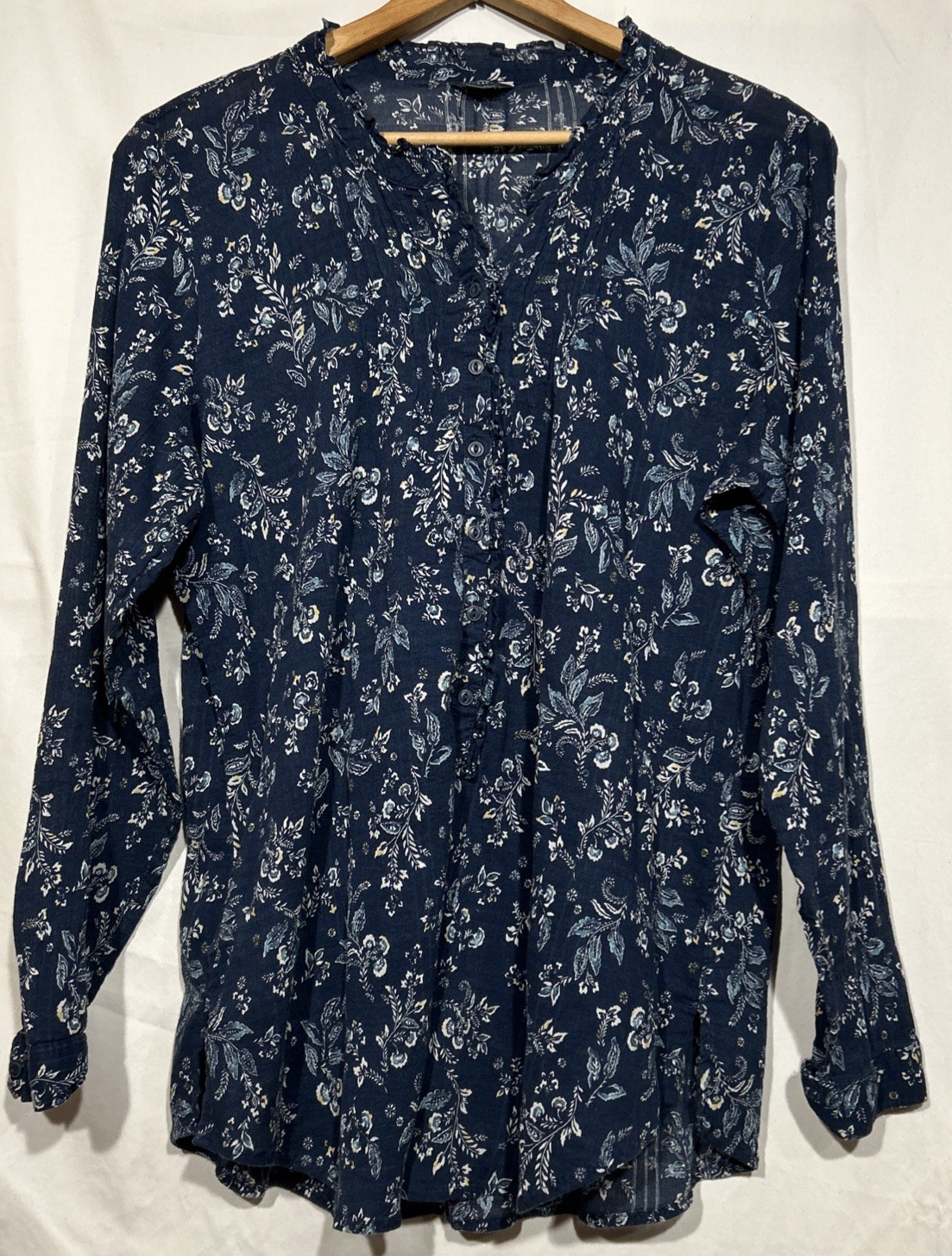Lagenlook Cottagecore Tunic Cotton Ruffle Bodice Navy & Ivory Floral Sz L XL