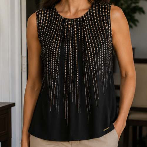 Calvin Klein Women’s Small Black Dot Print Sleeveless Pleated Career Shell Top