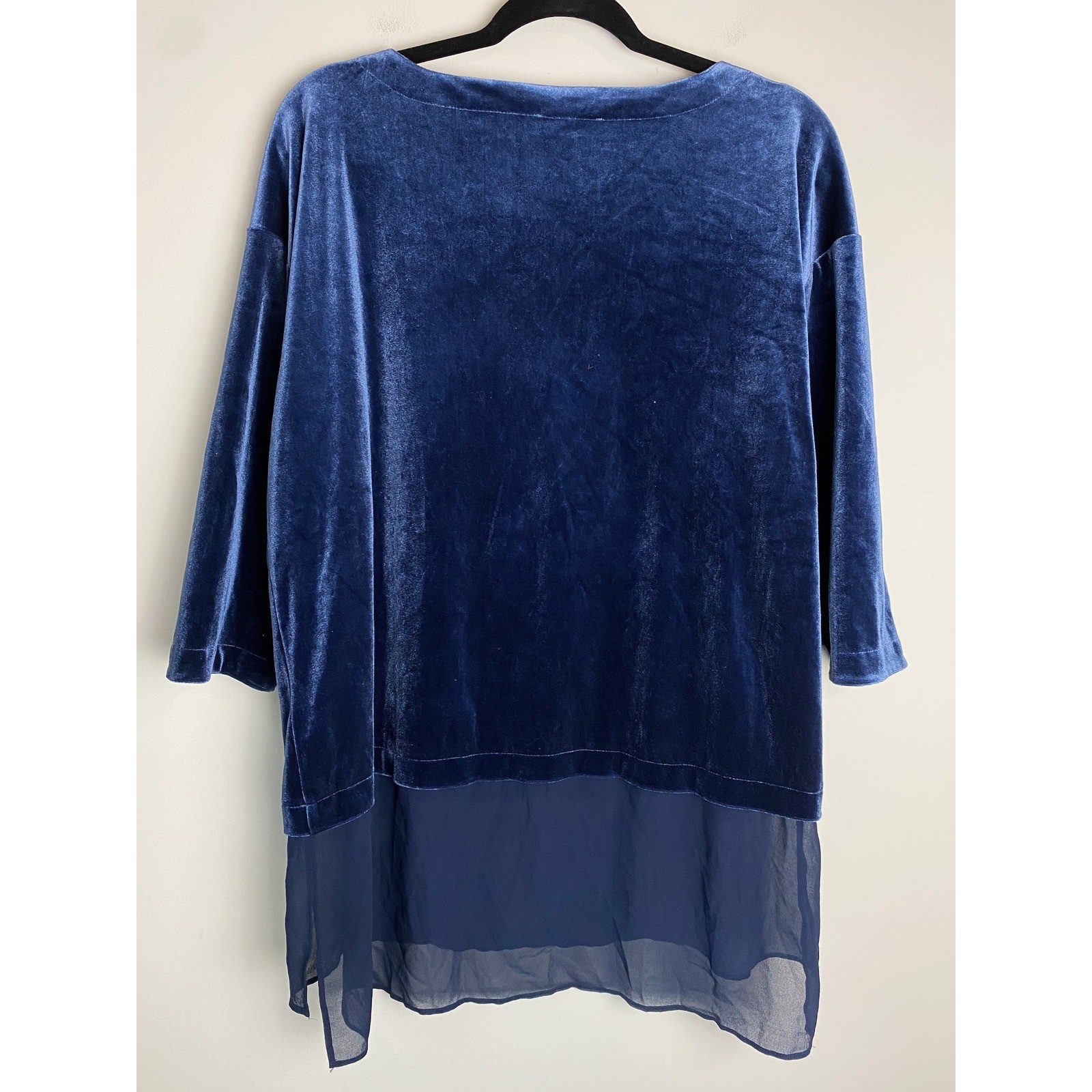 Neiman Marcus Womens Velvet Sheer Hem Tunic Top M Navy Chiffon Holiday Office