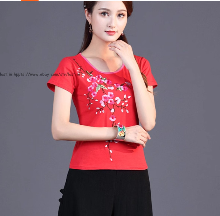 Summer Chinese Style Women’s Short Sleeve Blouse Tops embroidery Ethnic T-Shirts