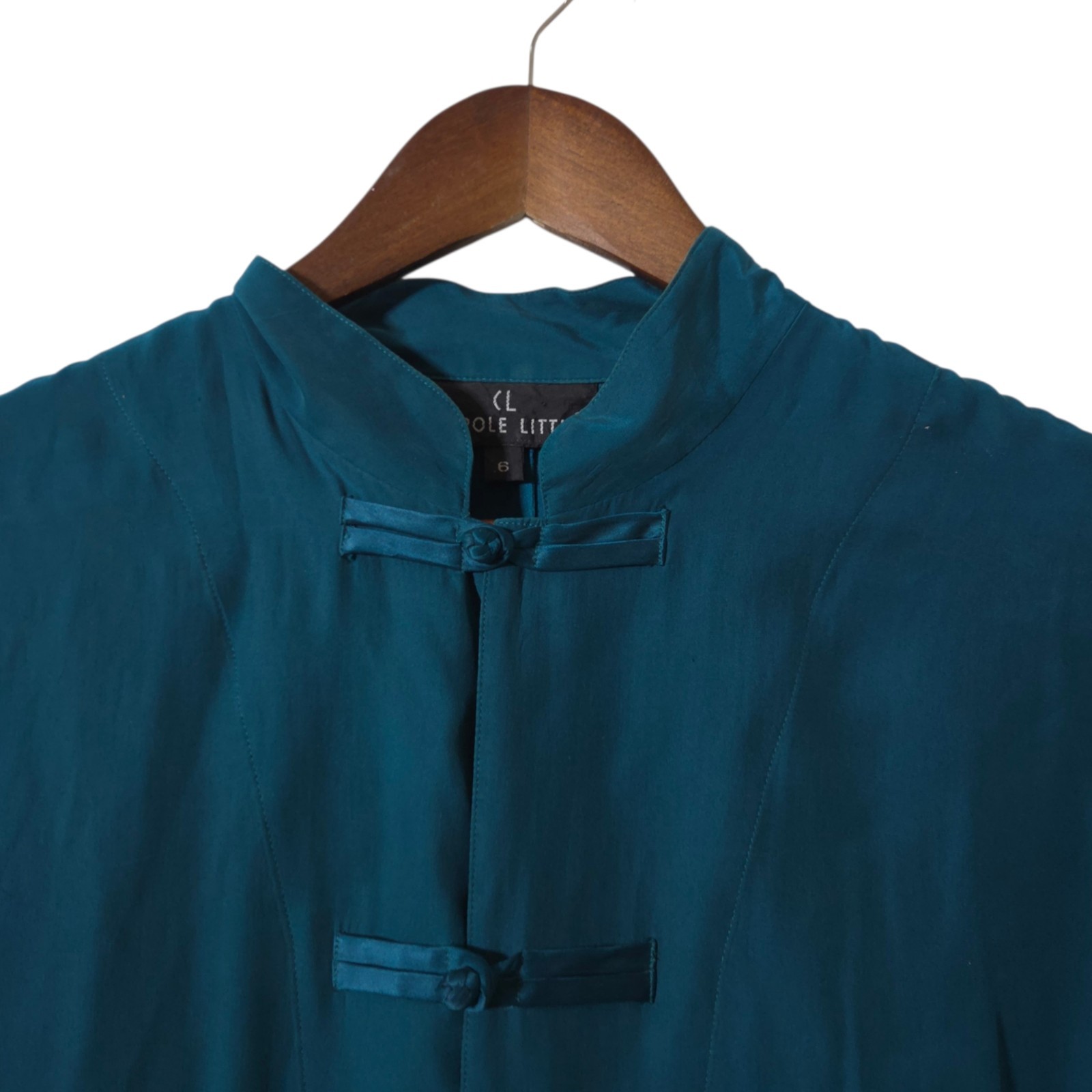 Carole Little 100% Silk Japanese Knot Blouse Top Teal Mandarin Collar VTG Womens