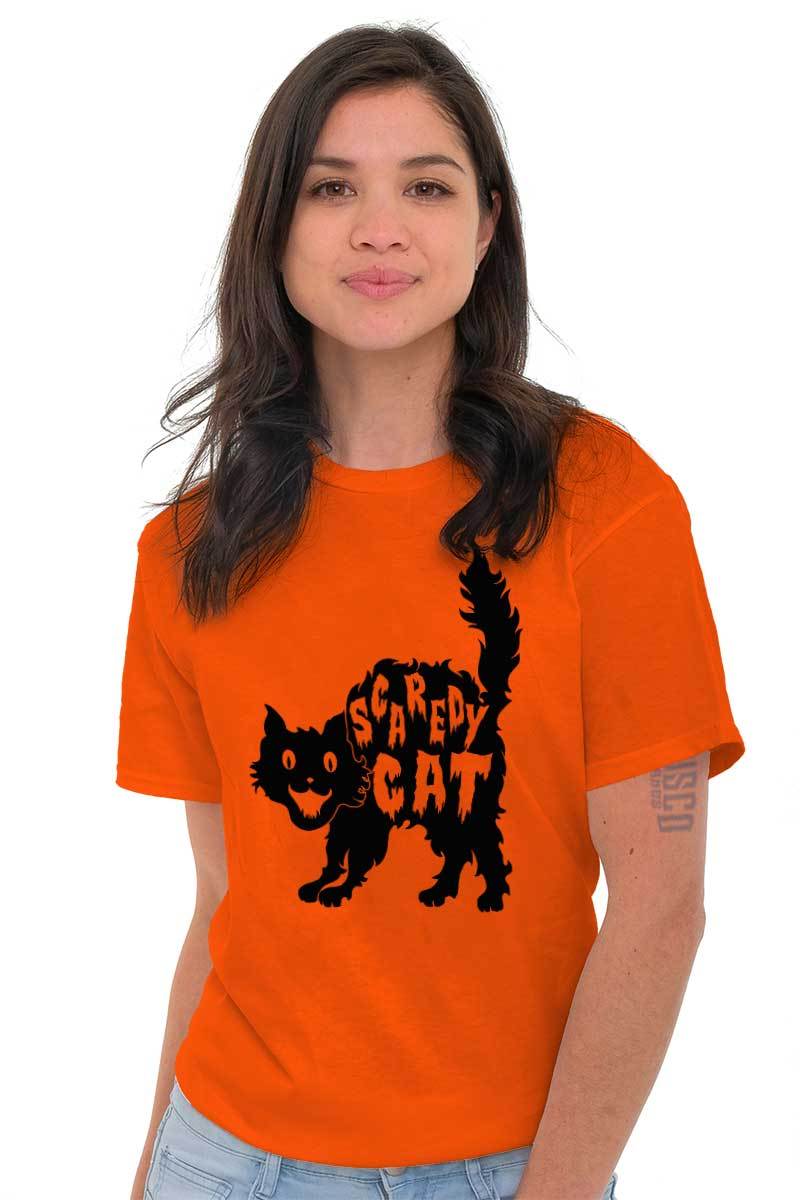 Scaredy Cat Halloween Trick Treat Spooky Womens Short Sleeve Crewneck Tee