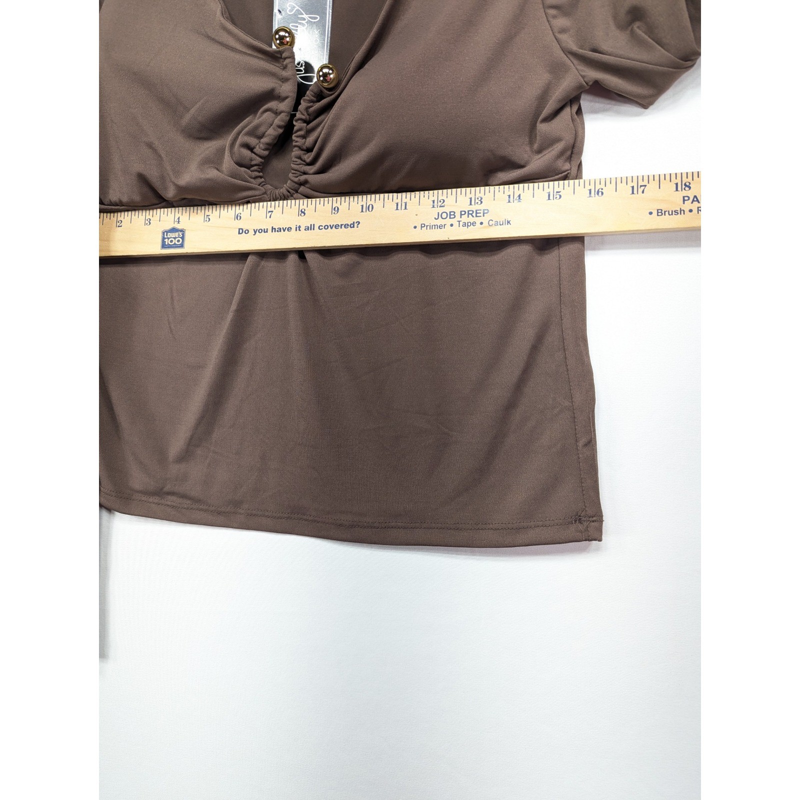 Just Polly Brown Long Sleeve V-Neck Ruched Keyhole Top Gold Beads XL
