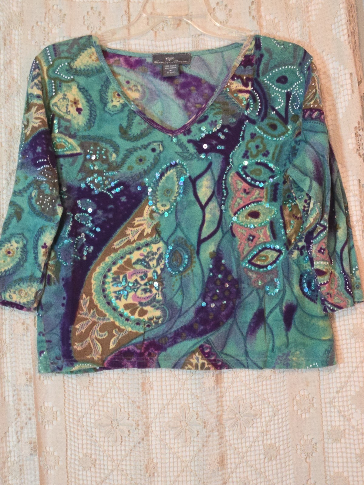 Alexandria Pierce Blingy Aqua/purple Blingy Design V Neck 3/4 Sz M Sleeve