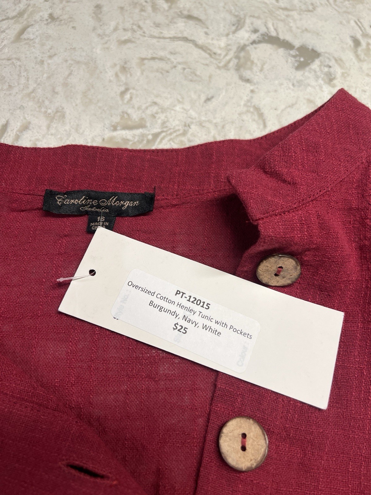 NWT Caroline Morgan Cotton Henley Tunic With Pockets Burgundy Sz 16