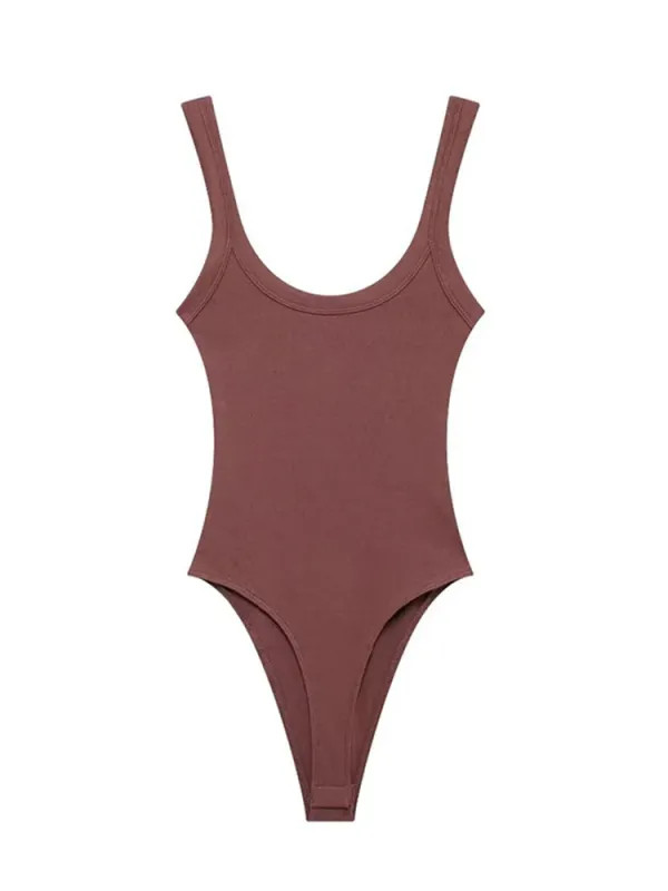 Skinny Ribbed Bodysuits for Women, O Neck, Straps, Snap-Button, Female