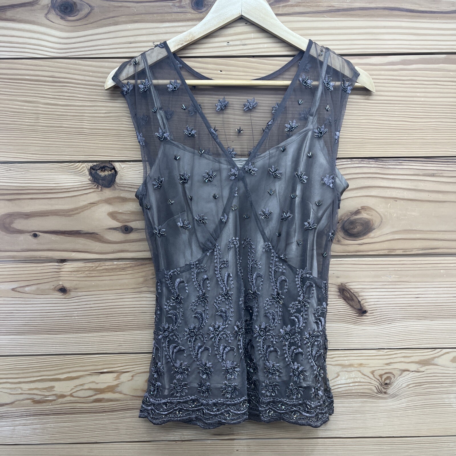Spiegel Shirt Women 4 Brown Sheer Two Layer Mesh Beaded Lace Y2K Style Girly B74