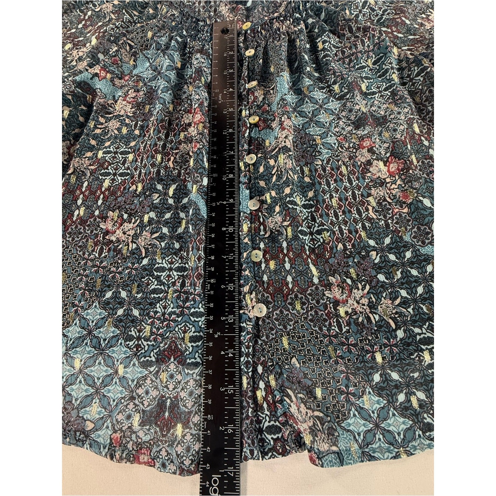 HAVER London Metallic Boho Blouse | Sheer Floral Patchwork | Gold Lurex Top | M