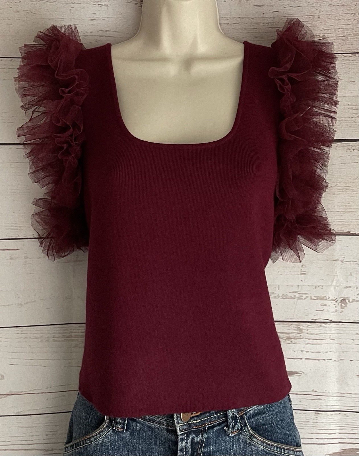 Arula Sweater Knit Top sz XL Burgundy Scoop Neck Sheer Mesh Ruffle Sleeves