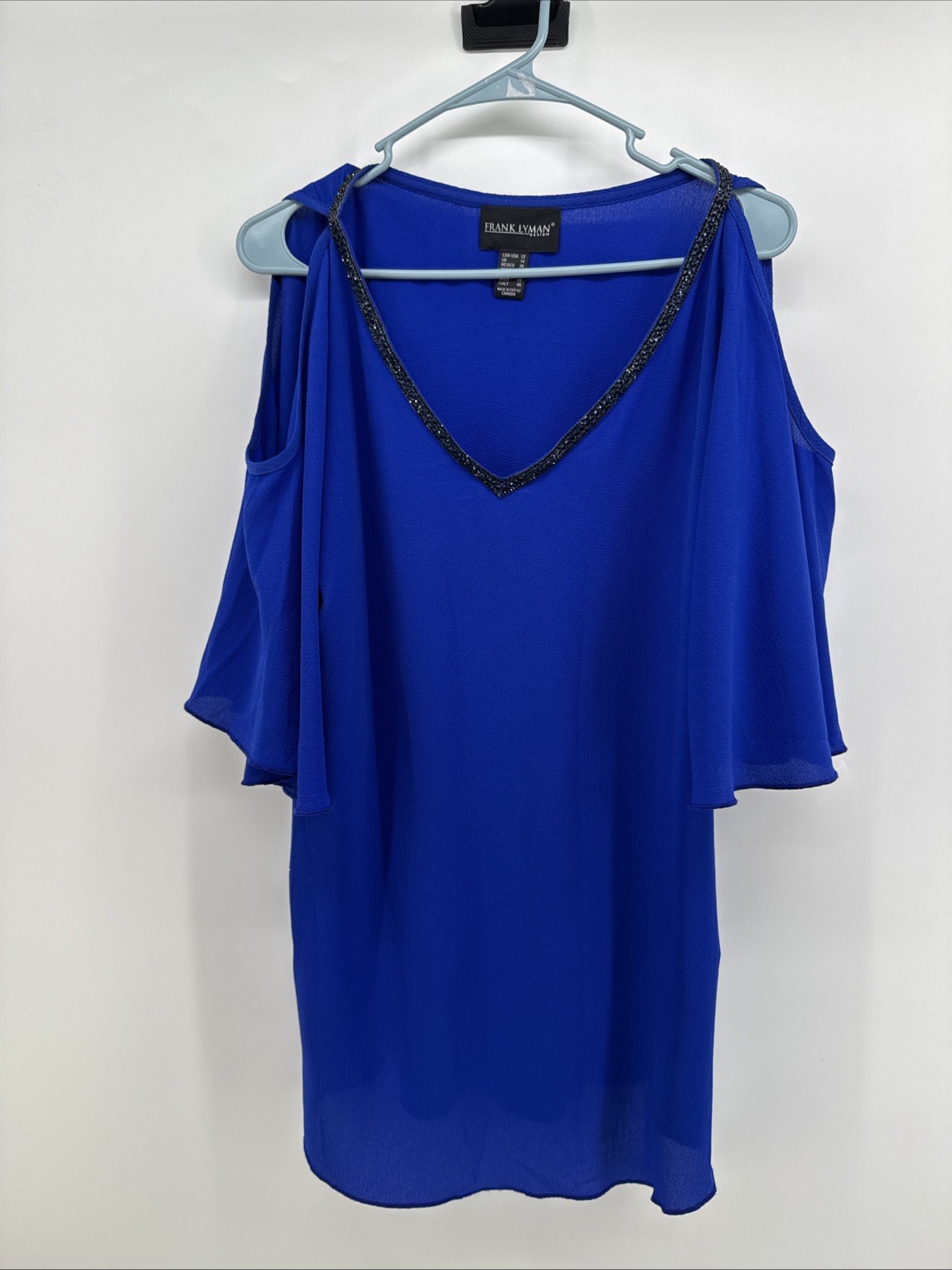 Frank Lyman Royal Blue Flowy Top Blouse Cold Shoulder Dolman Batwing Sleeves 12
