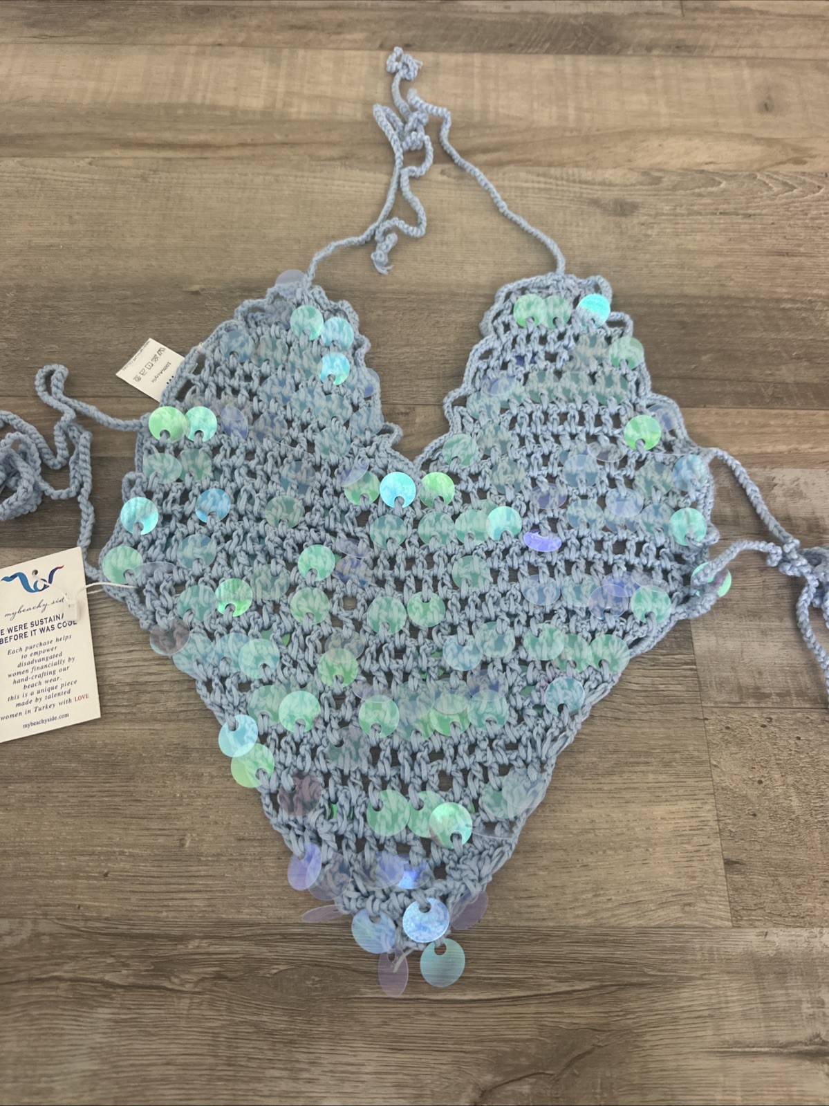 NEW! Blue Crochet Sequin Sleeveless Strappy Cropped Camisole Deep V Size Medium