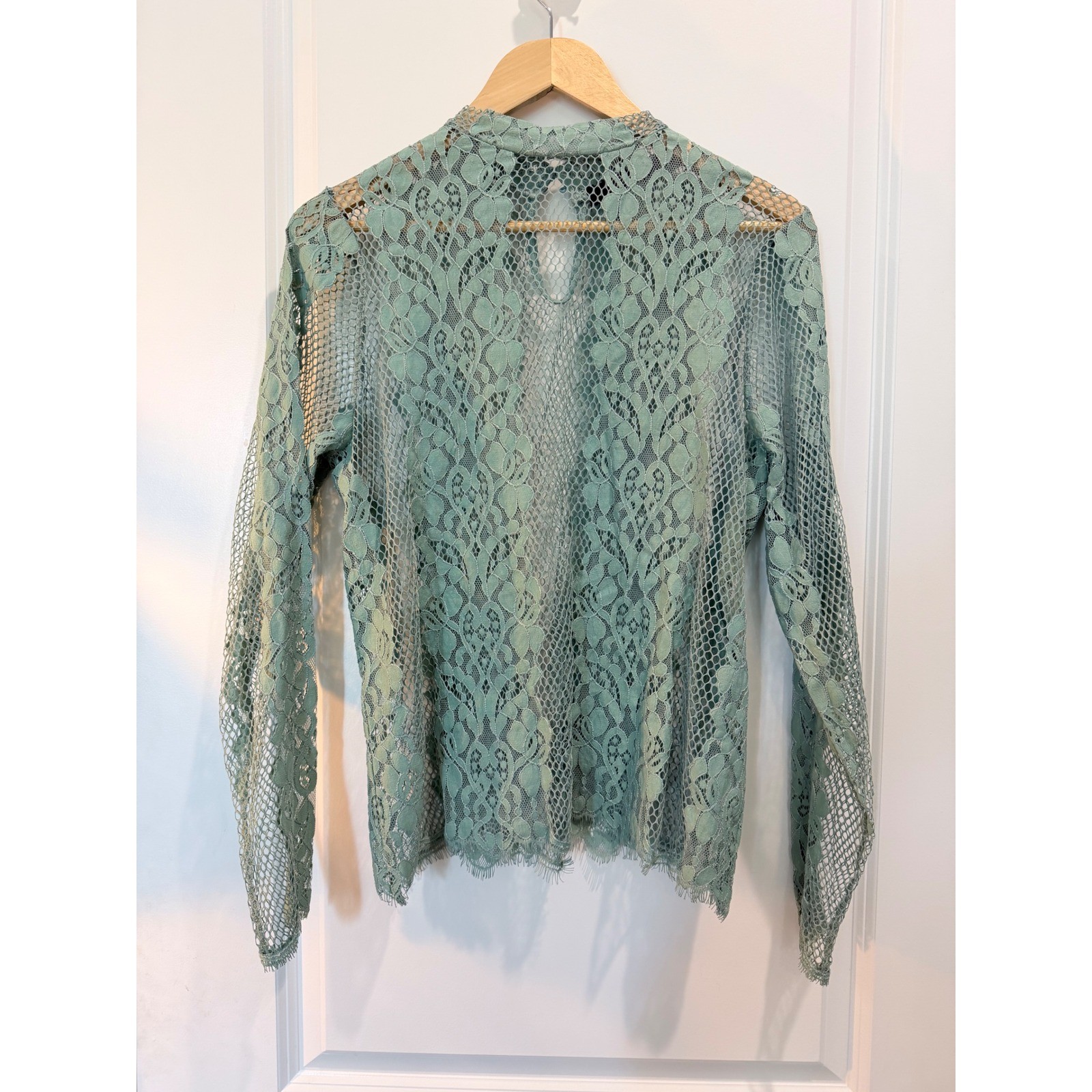 BKE Boutique Sage Green Sheer Lace Mock Neck Long Sleeve Top Size M BTQM4731