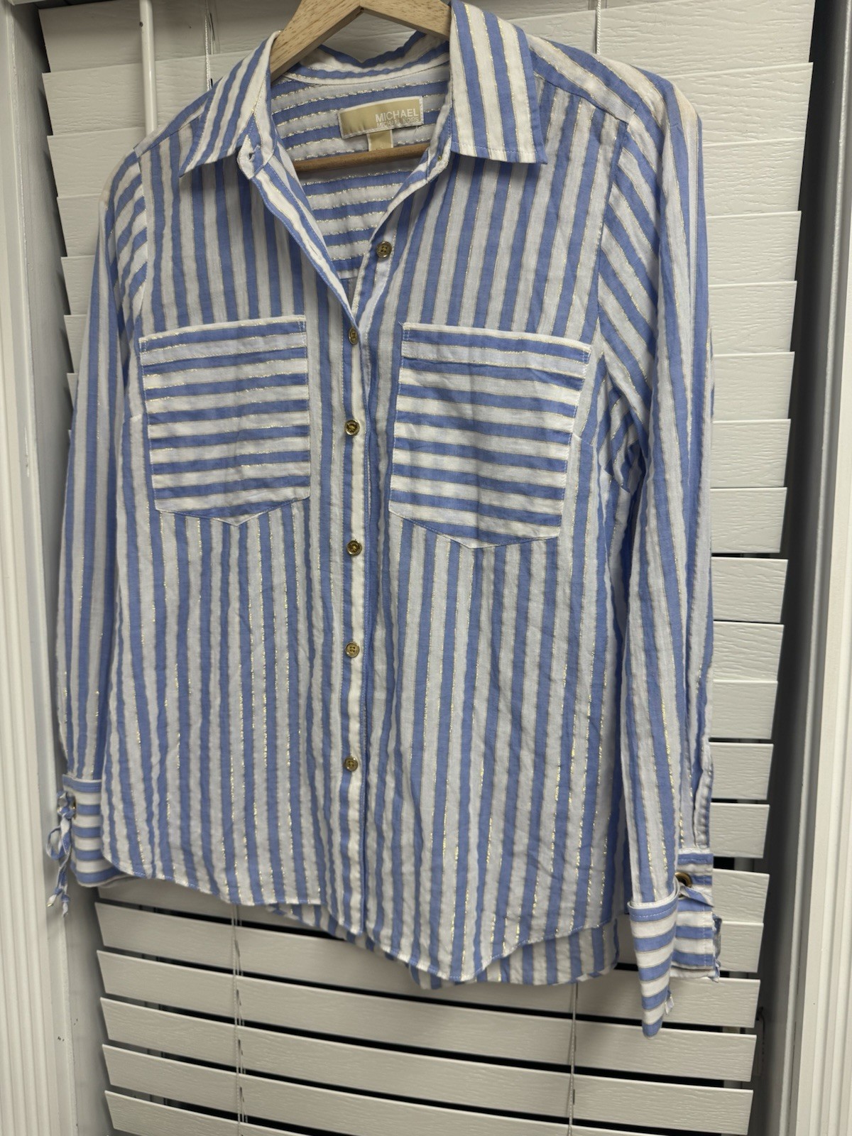 Michael Kors Blue & White Striped Gold Style Long Sleeve Button Up Women’s S