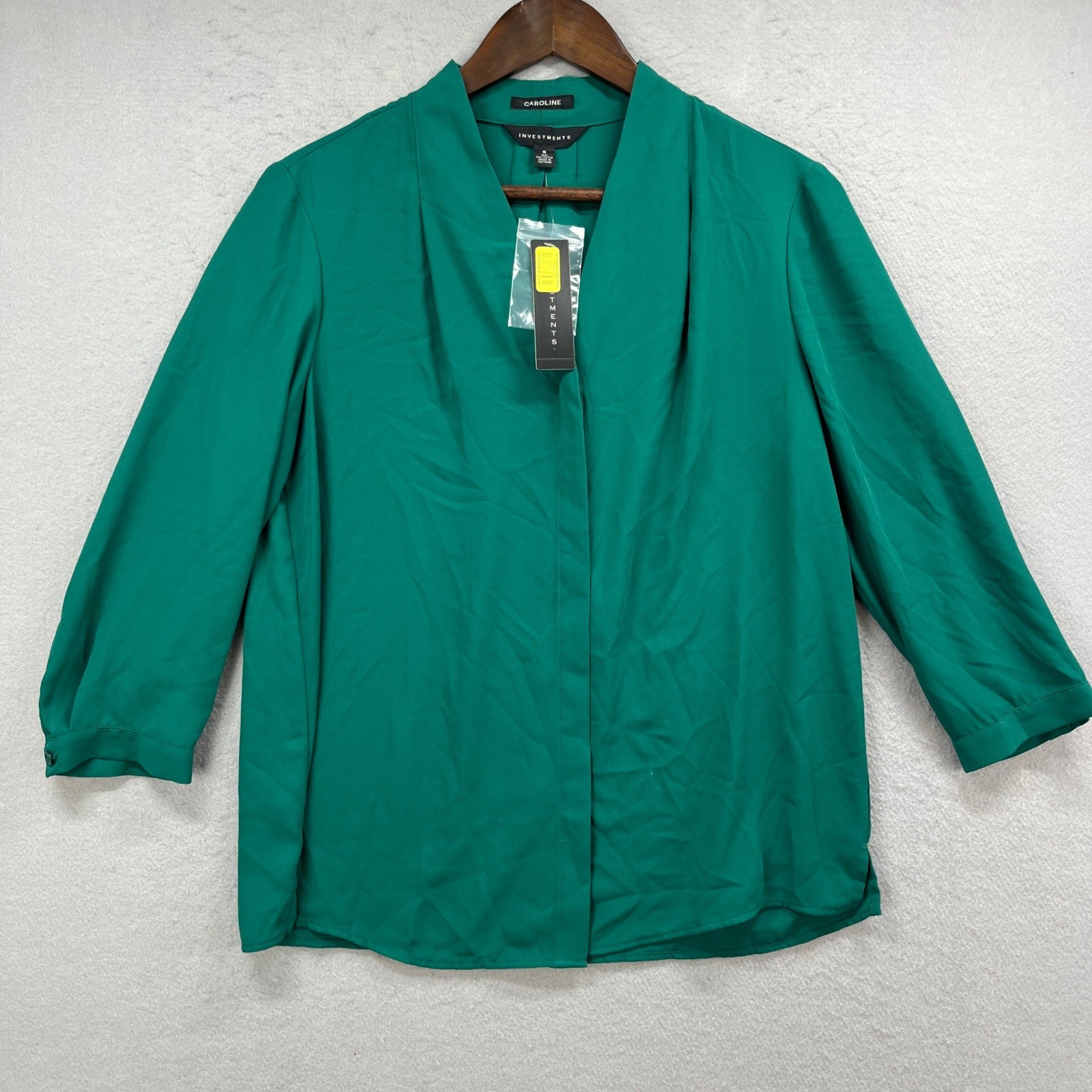 Caroline Investments Blouse Womens S Emerald Green Draped 3/4 Sleeve Chic Office