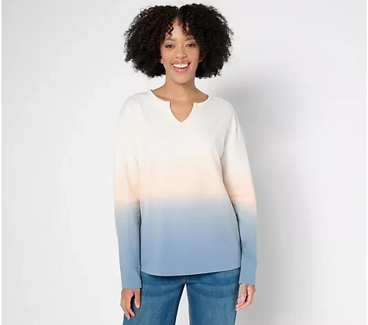 Denim & Co. French Terry Dip Dye Long Sleeve Pullover Chambray, Large #48*