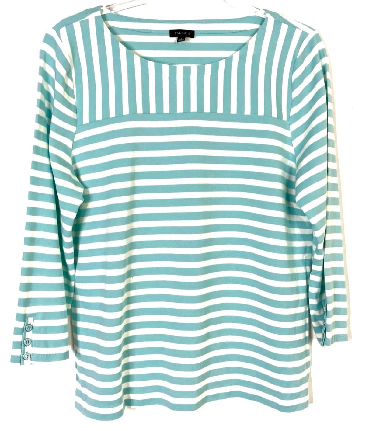 Talbots Aqua & White Striped Bateau Neck Top with Buttons on Cuffs 2X