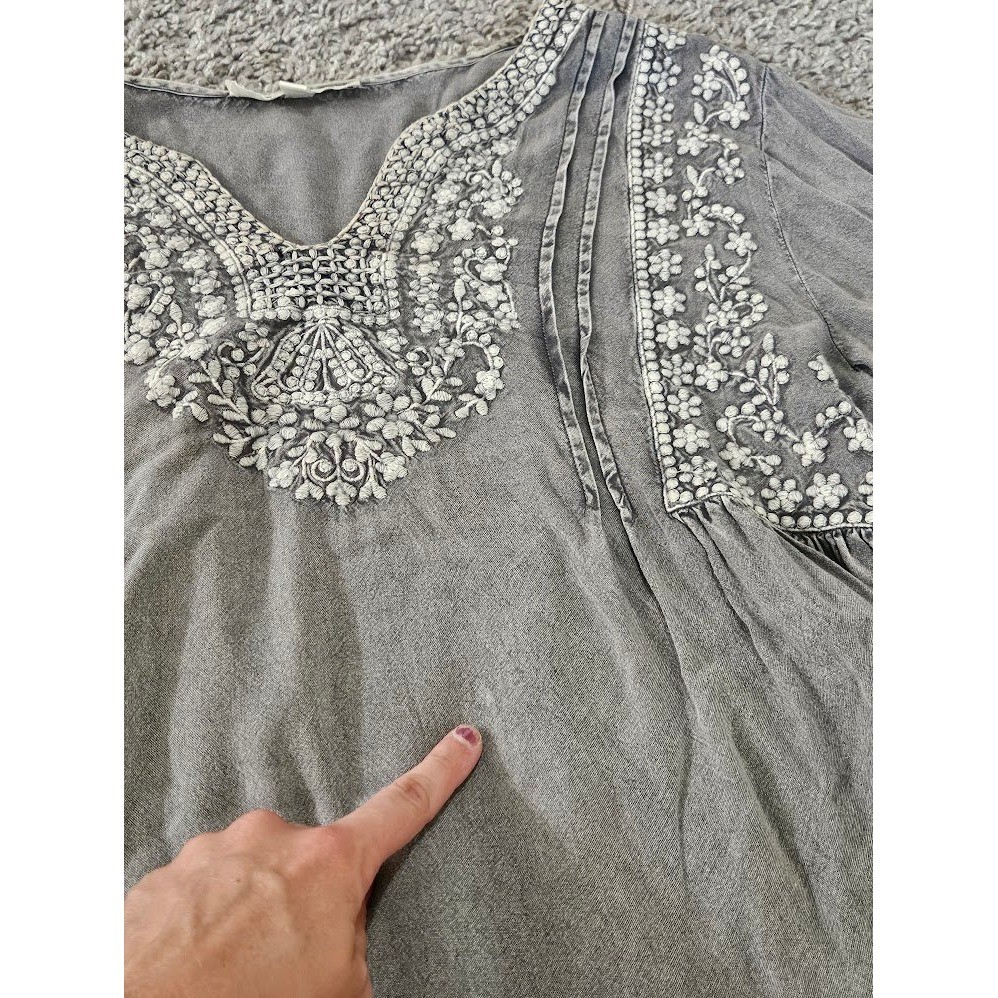Solitaire Gray Embroidered Boho Peasant Blouse Women Large Top Balloon Sleeve