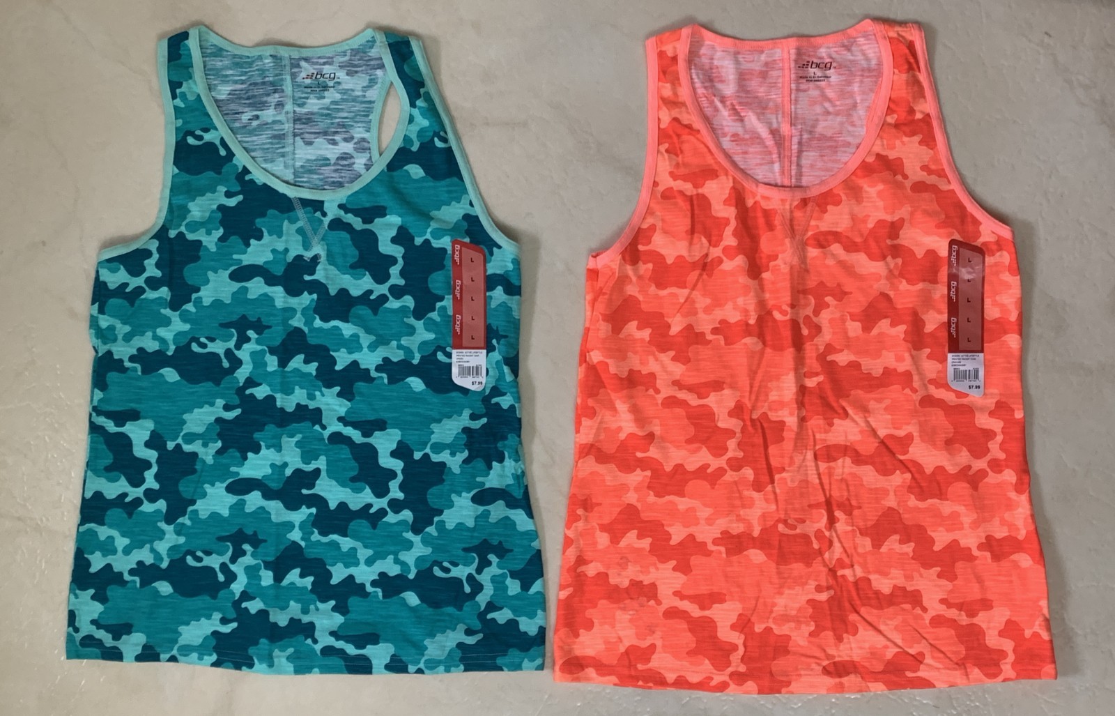 BCG Womens Orange Camo & Teal Camo 2 Tank Tops Size L El Salvador New NWT