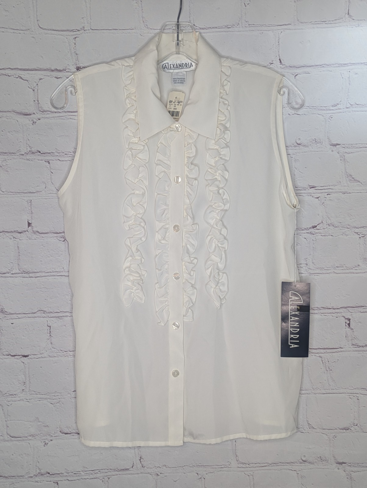 Vintage Alexandria Women’s Ivory Sleeveless Ruffle Button Up Blouse Size S
