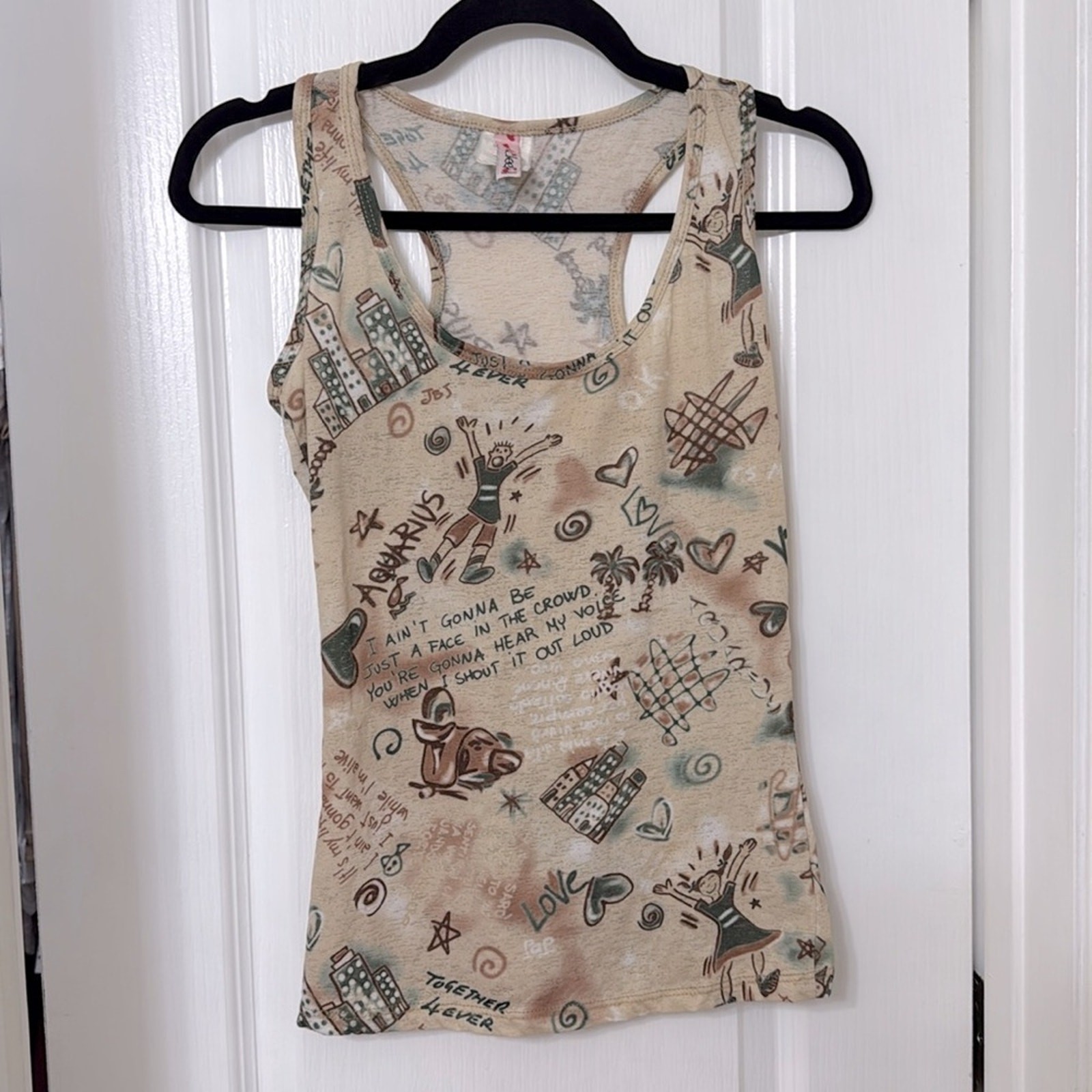Cleek tan graphic tank top racerback doodle style Y2K size M