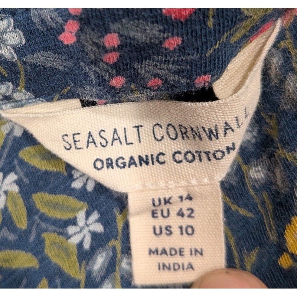 Seasalt Cornwall Blouse Womens 10 Blue Floral Organic Cotton V-Neck Top