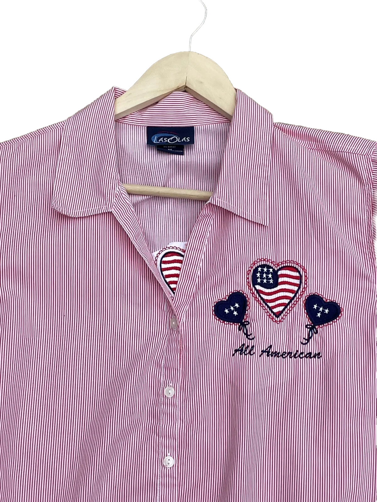 Las Olas Womens Sz Medium Stripe Button Front All American Patriotic Top Blouse
