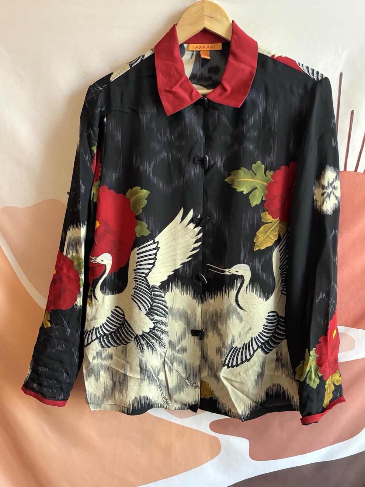 Harari Silk Black Asian Inspired Art To Wear Button Down Blouse Women’s Size S