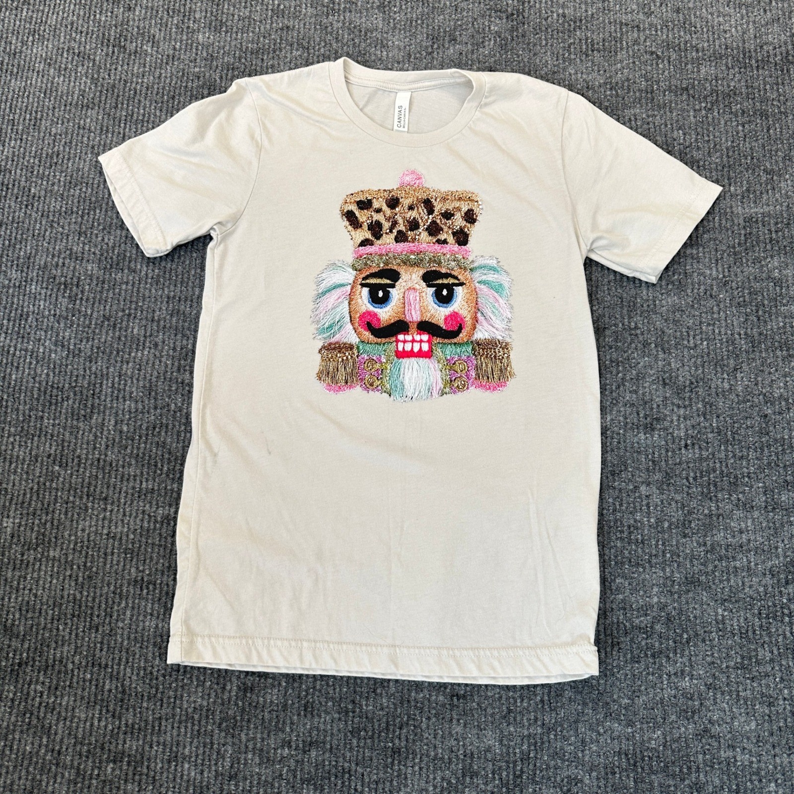 Bella + Canvas Nutcracker Graphic Tee Small Beige Leopard Sequin Patch