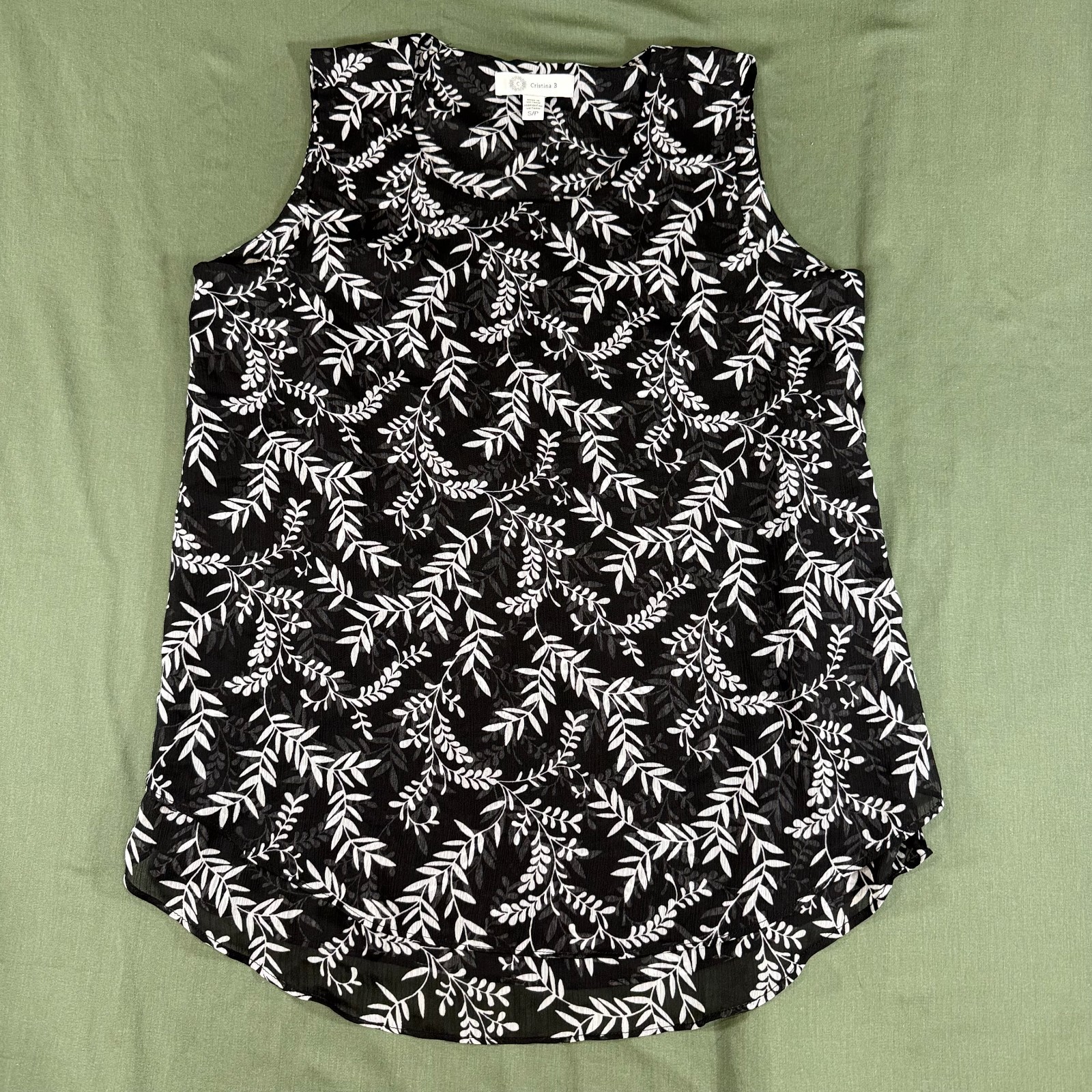 Cristina B Women’s Sleeveless Blouse Black White Leaf Print Size S New No Tags