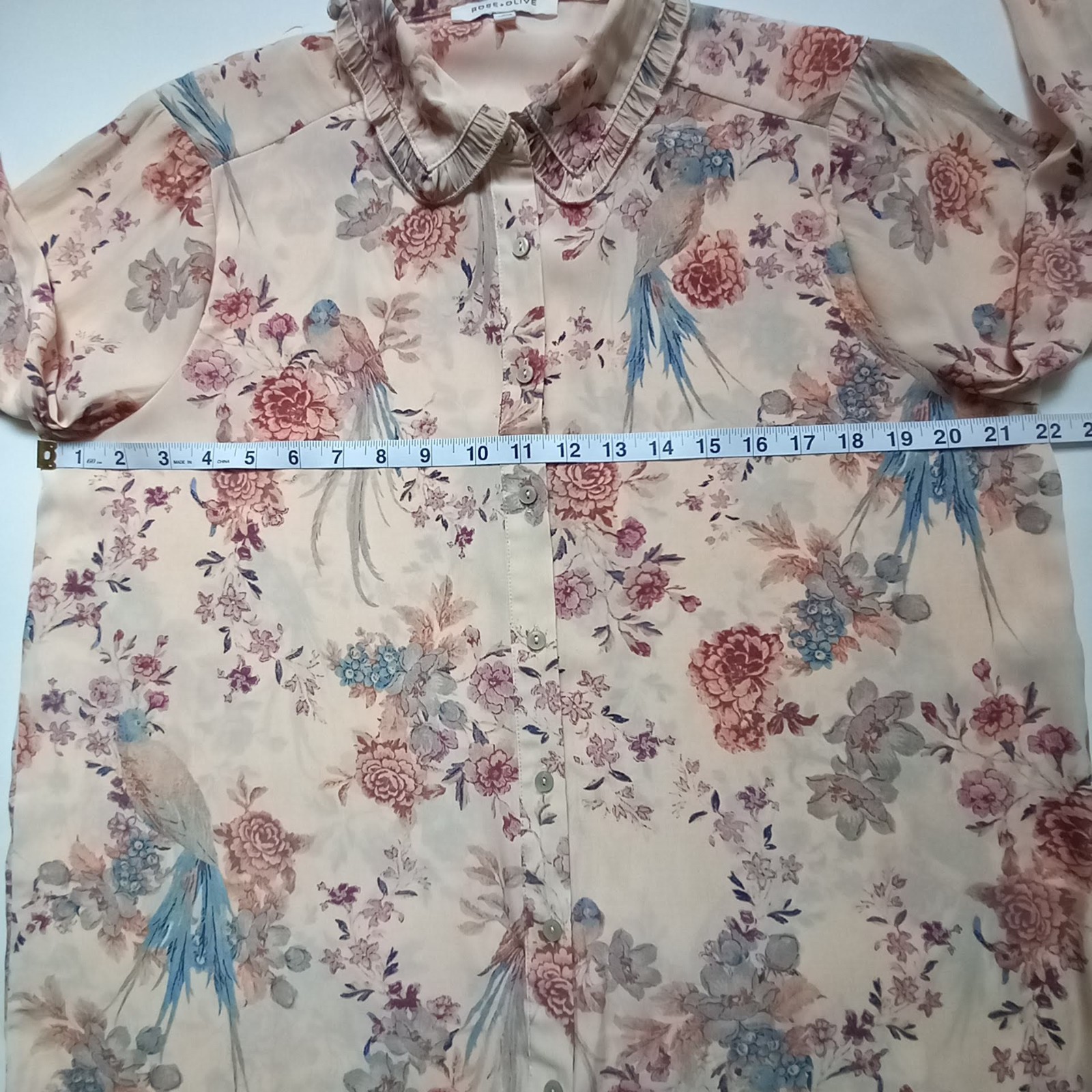 Rose + Olive Floral Bird Button Up Top Large Ruffles Cottagecore Fairy Coquette