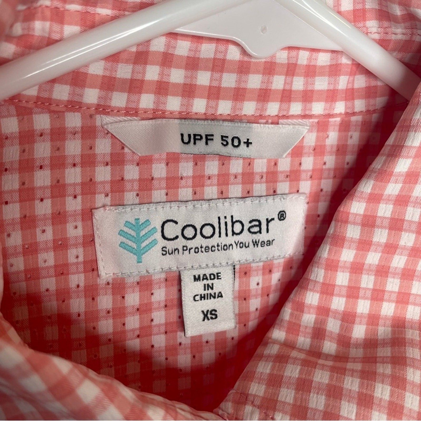 Coolibar Mylitta Travel Shirt UPF 50+ Beach Vacation in Pink/White Gingham XS