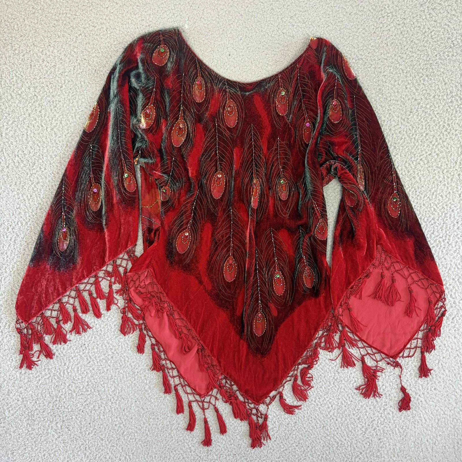 Peacock Feather Beaded Sequin Velvet Top Large Red Tassel Fringe Fairy Witchy