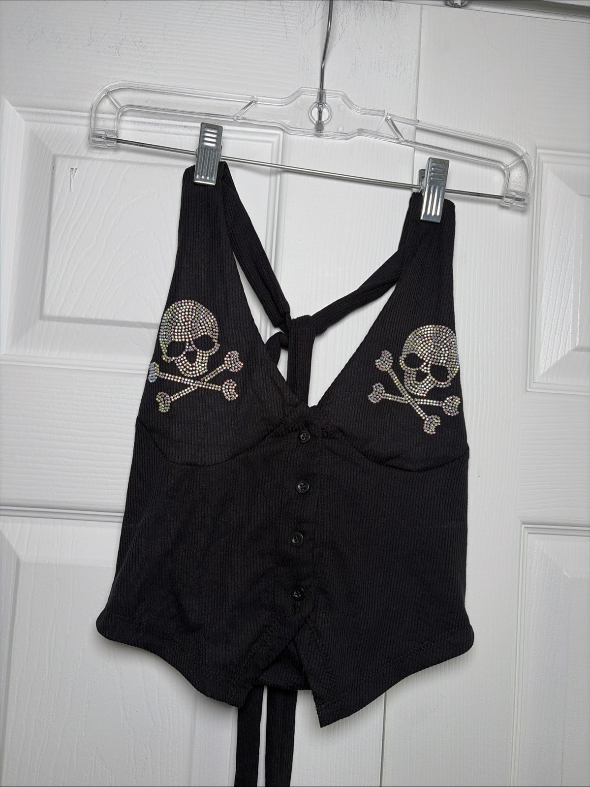 Black Ribbed Skull Babydoll Halter Crop Top Grunge Goth Punk Size Medium